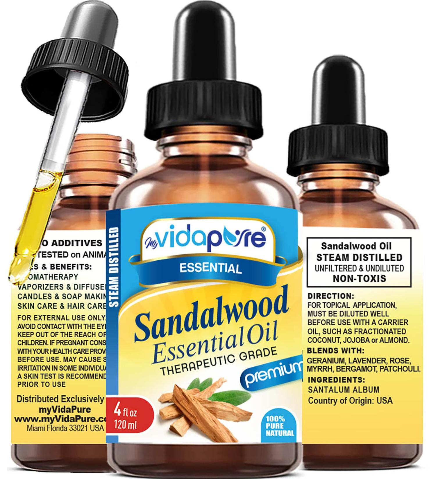 myVidaPure Sandalwood Essential Oil 100% Pure Natural Undiluted Therapeutic Grade Essential Oil 4 fl oz- 120 ml for Aromatherapy Soaps Candles Reed Diffusers Beauty Hair Skin