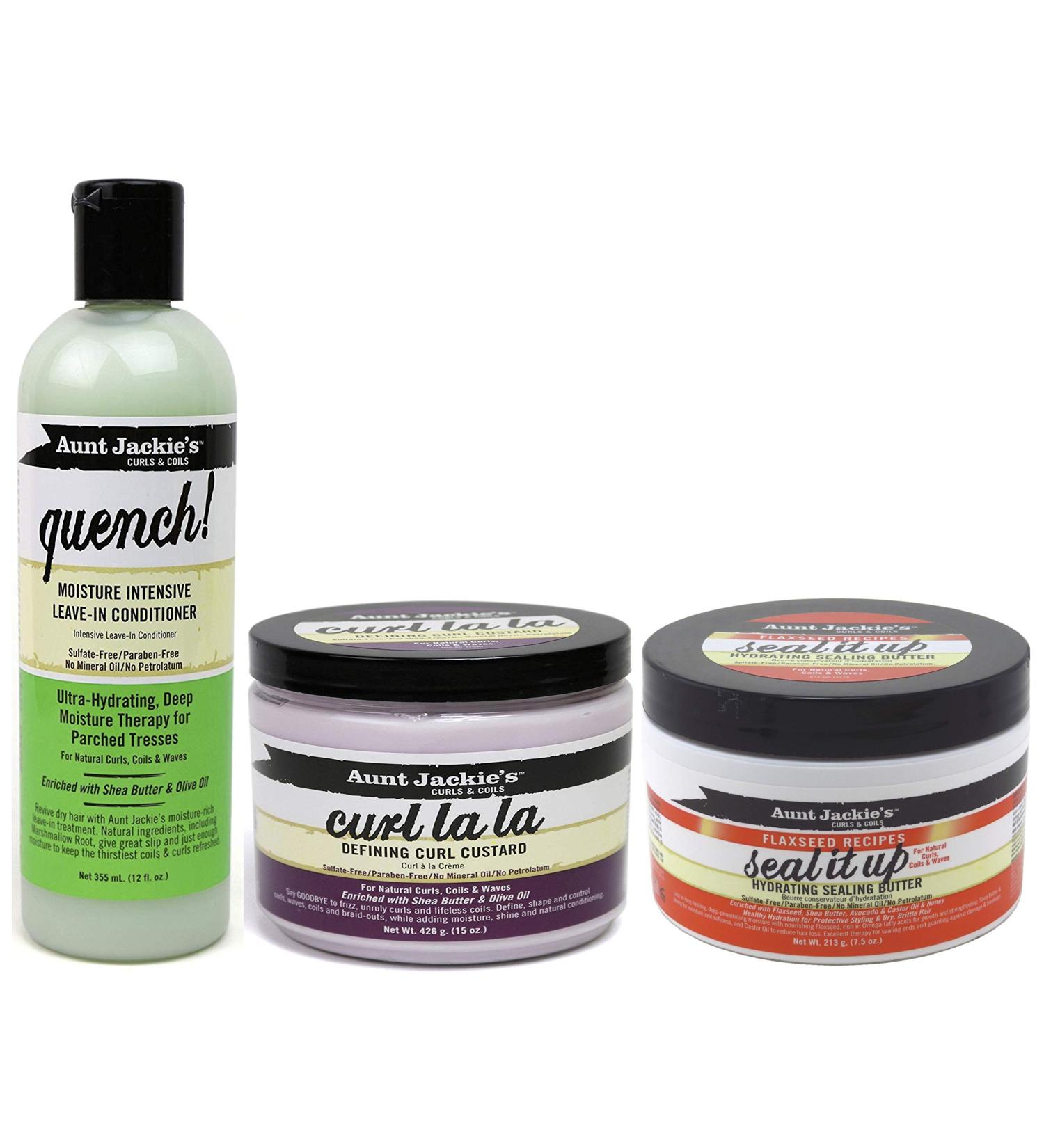Aunt Jackie s Curls & Coils | 3-series set | Leave-in flushing "Quench" for intensive moisture 355 ml | Definent curly curly "curl la la" 426 g | moisturizing hair butter "Seal it up" 213 g