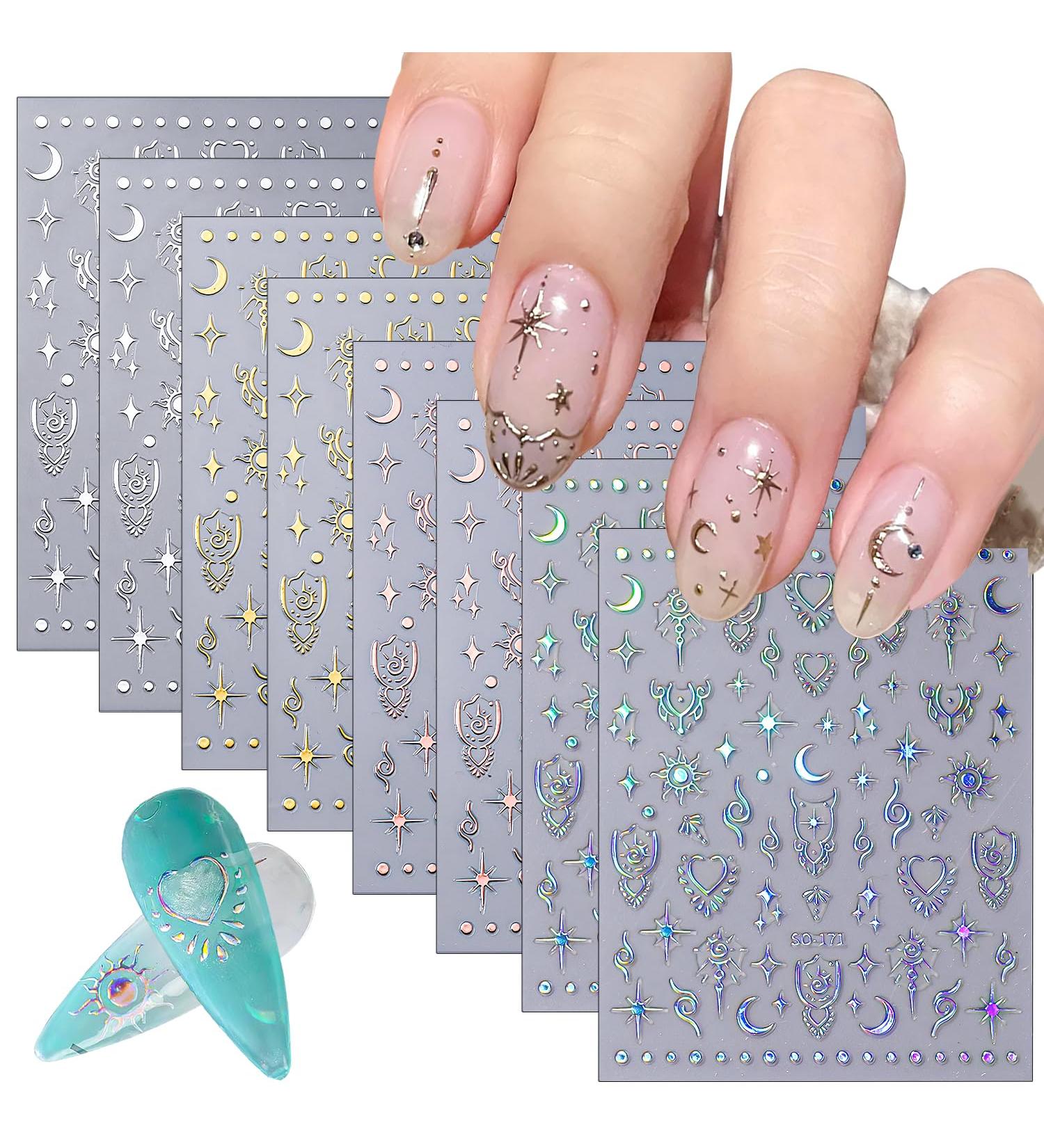 CHANGAR 8 Sheets Moon Star Nail Stickers for Nail Art Sun Totem Nail Decals Holographic Laser Gold Silver Nail Stickers Boho Sun Stars Moon Heart Nail Art Designs Decals for Women Nail Decora - Buy Online on GoSupps.com