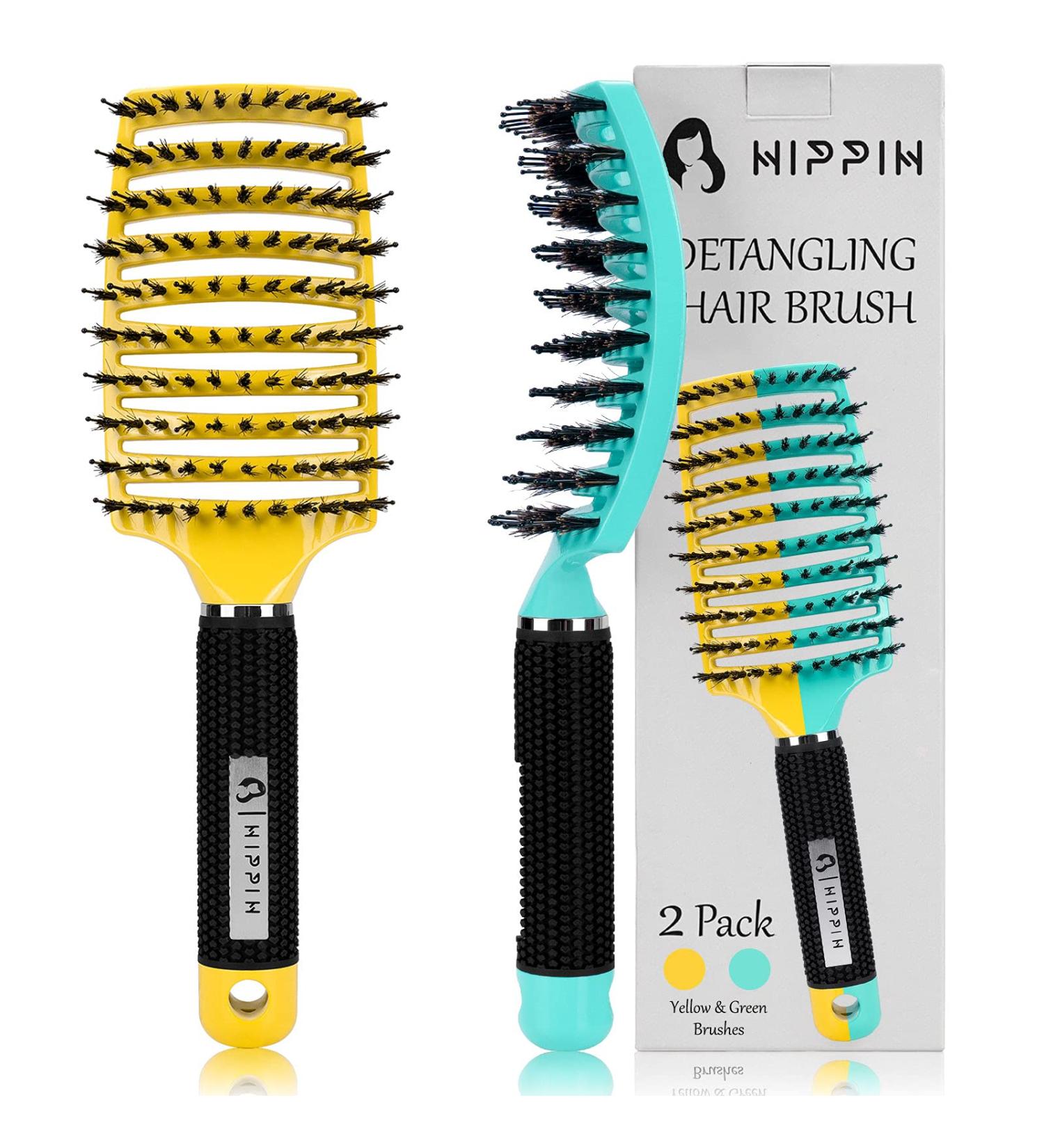 HIPPIH Detangling Brush 2 Pack - Boar Bristle Hair Brush for Women, Men & Kids - Ideal for Wet or Dry Hair - Adds Shine and Smoothness - Green - Buy Online on GoSupps.com
