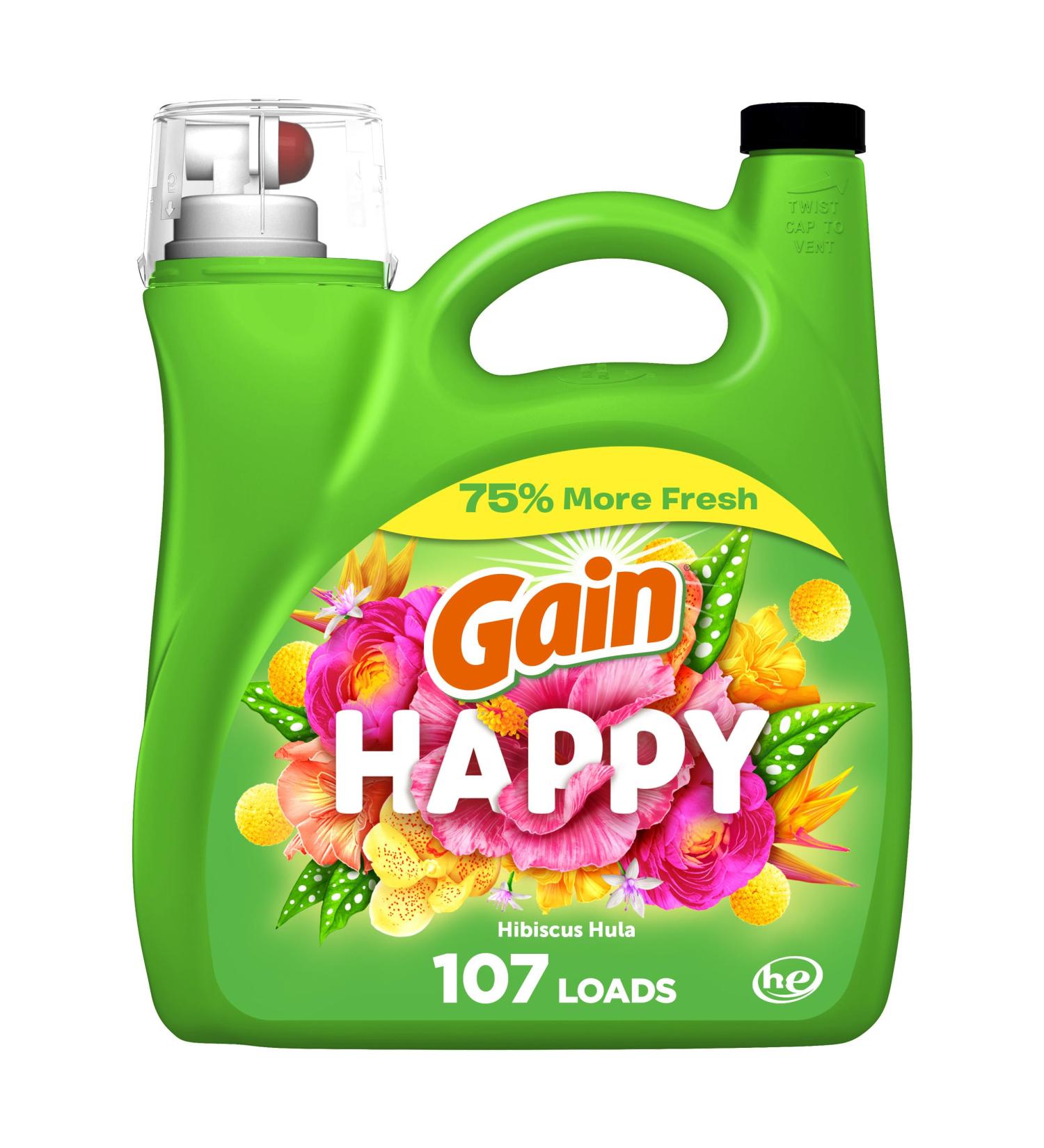 Gain Liquid Laundry Detergent - Happy - HE Compatible - 154 fl oz - 107 Loads - International Shipping Available - Buy Online on GoSupps.com