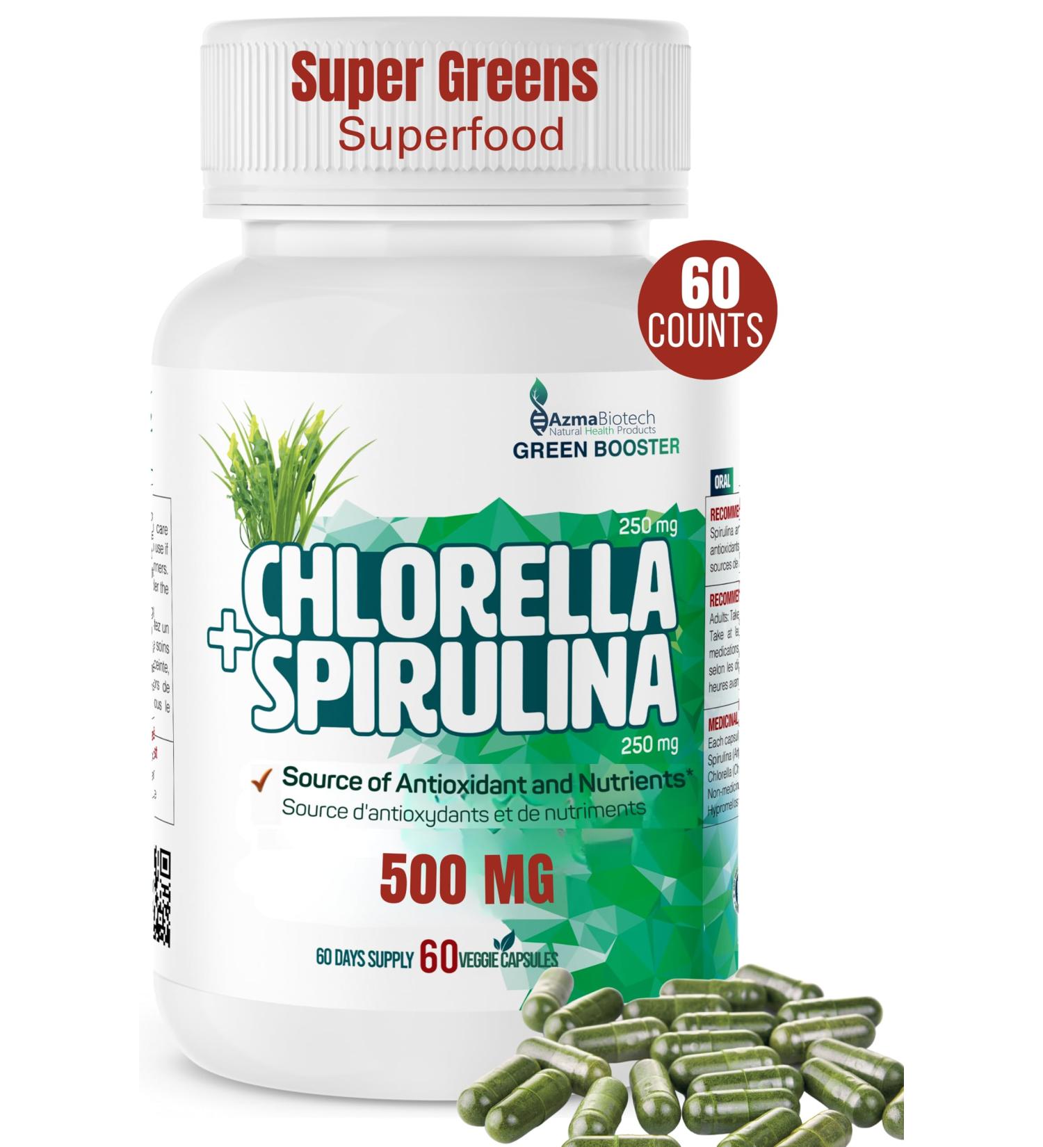 AzmaBiotech Organic Spirulina Chlorella Capsules 500mg 60 Count 50/50 Blend Vegan & Gluten-Free High in Protein & Nutrients Supports Energy & Immune Function Made in Canada Green Booster - Chllorella & Spirulina - Buy Online on GoSupps.com
