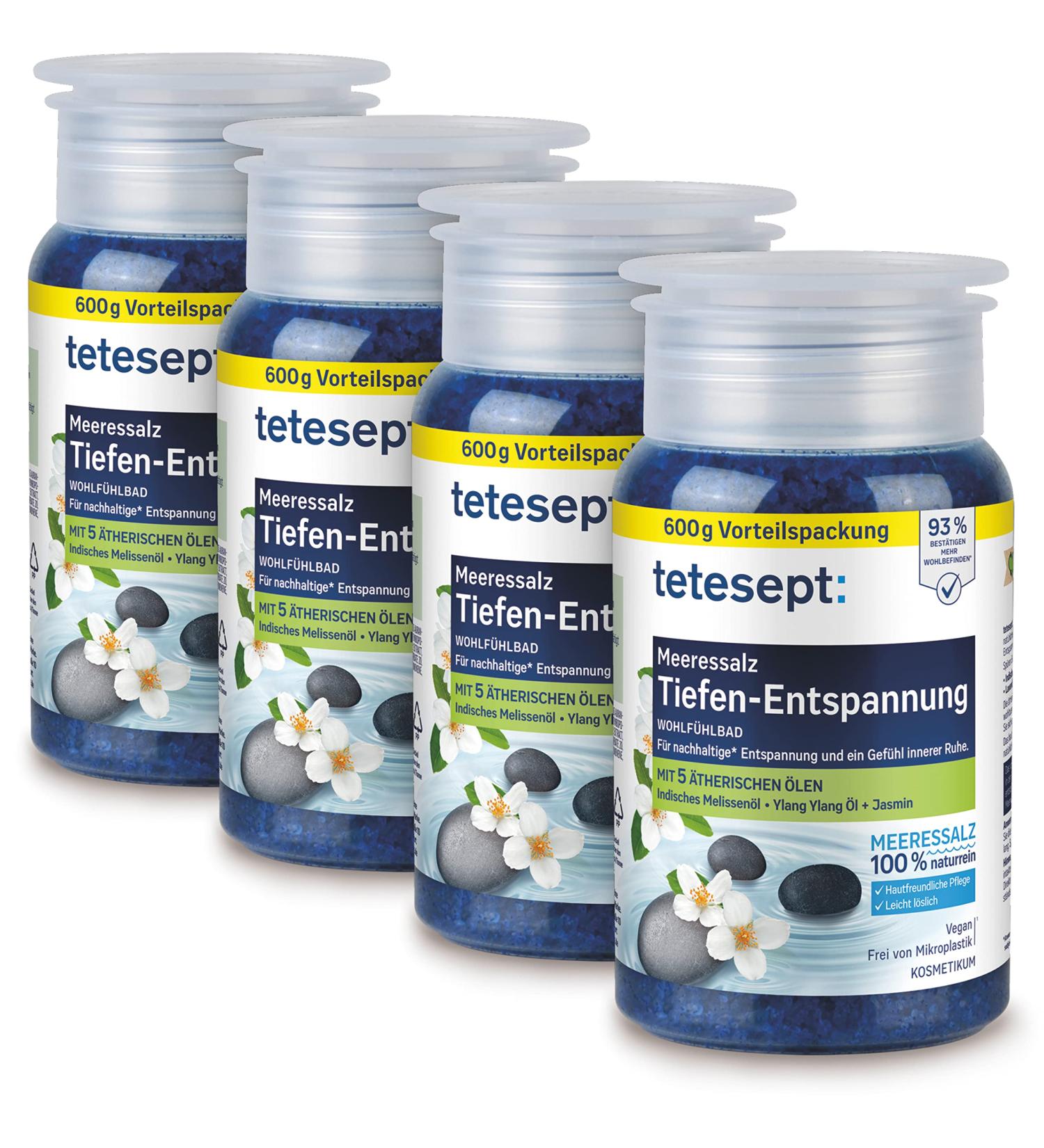 Teteseept Meeressalz Depth Tension Bath - Soothing Bath Additive with 5 Essential Oils & Natural Sea Salt | 4 x 600g for Inner Peace - International Shipping - Buy Online on GoSupps.com