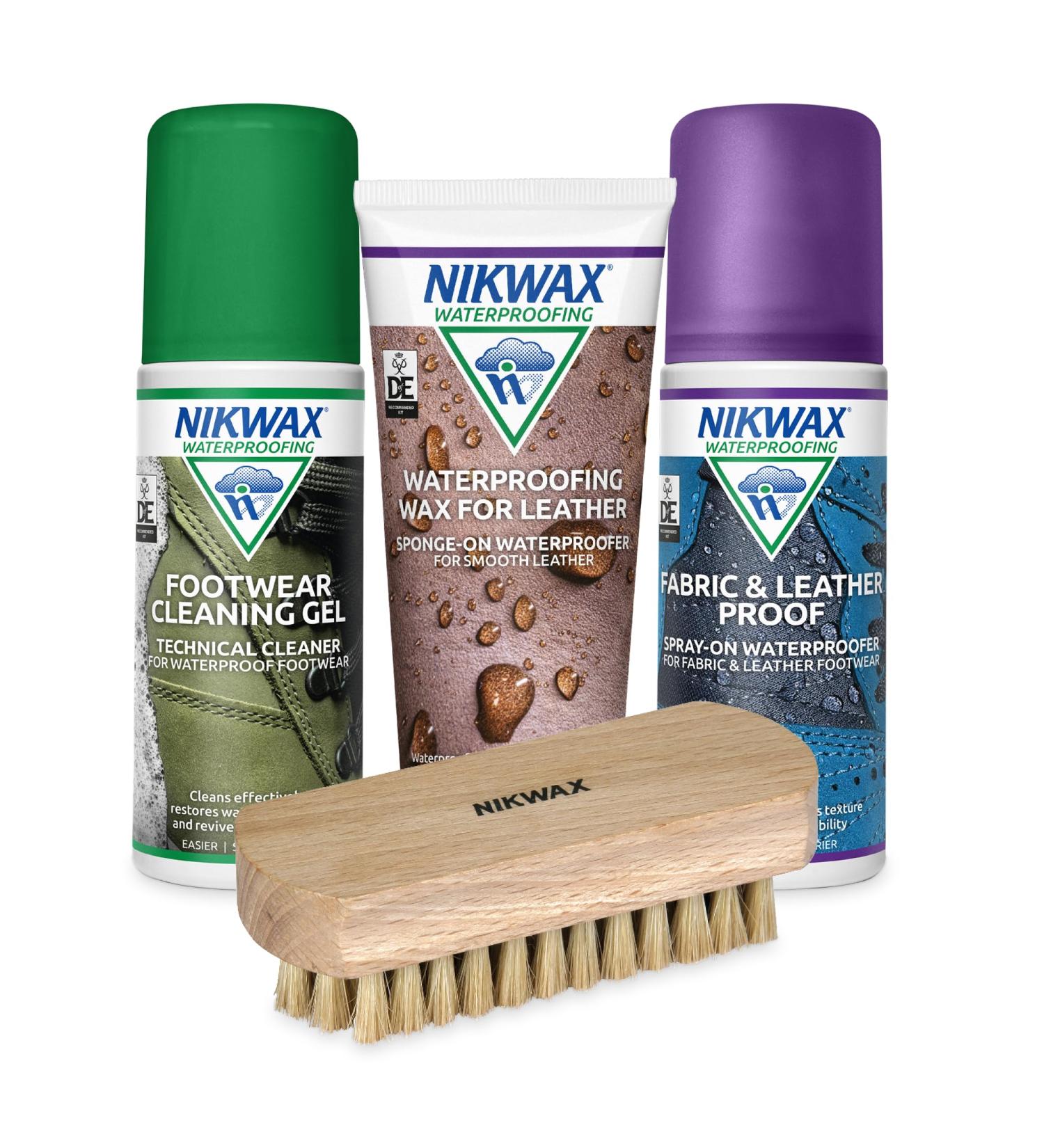 Nikwax FABRIC & LEATHER SHOE CARE KIT with Cleaning Gel for Waterproof Shoes Spray On Waterproofer Waterproofing Wax For Leather Shoe Brush Highly Effective Cleaning Waterproofing Kit for Footwear