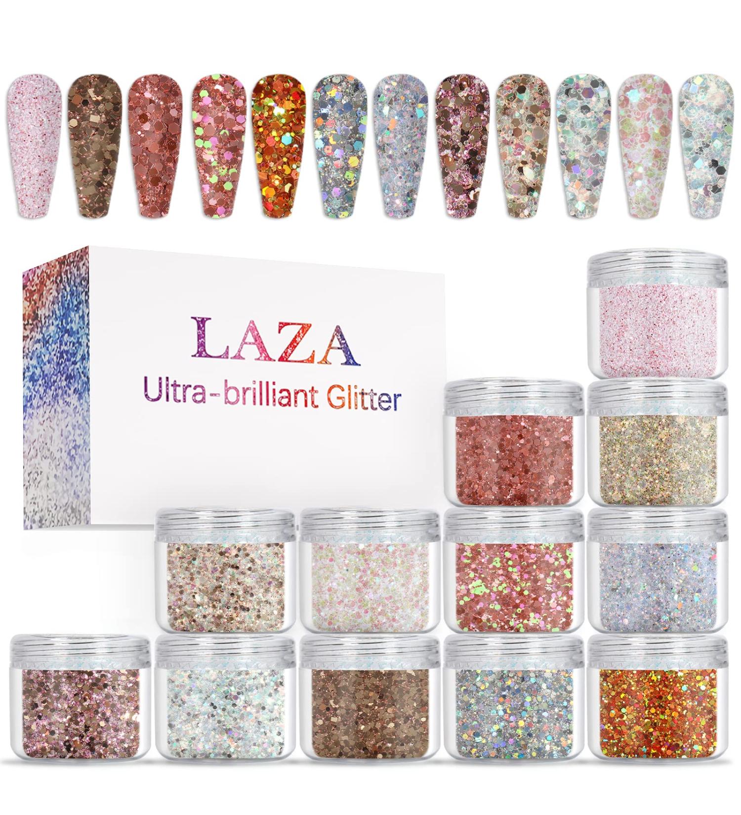 Laza 12 Colors Holographic Chunky Glitter for Nail Art, Face, Body, Hair - Gold Silver Pink - Buy Online on GoSupps.com