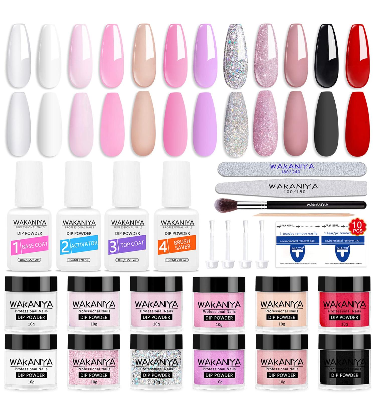 Nail Powder Starter Set | 12 Color Dipping Powder Kit for Home & Salon - Base Top Coat Activator & Brush Included - Buy Online on GoSupps.com