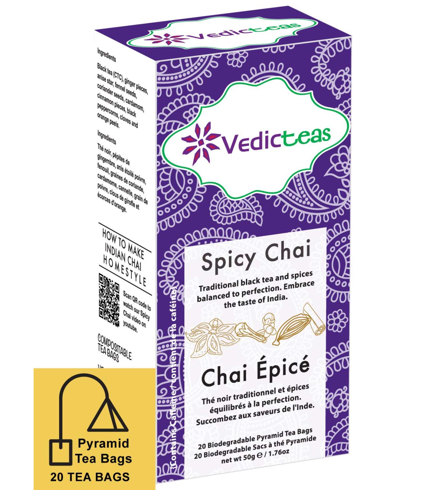 Vedic Teas Spicy Chai Indian Masala Chai Chai Tea Chai Latte Natural Ingredients Pyramid Tea Bags 20/Box - Buy Online on GoSupps.com