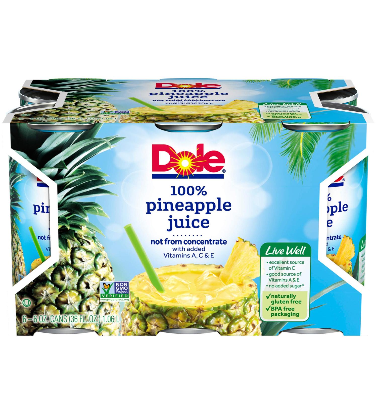 Dole 100% Pineapple Juice 6 fl oz - Pack of 6 | Fresh & Natural - Buy Online on GoSupps.com