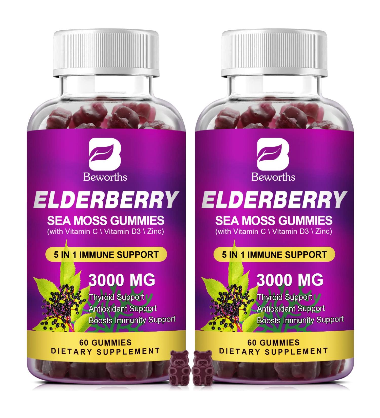 Organic Elderberry & Sea Moss Gummies with Zinc, Vitamin C & D3 - Immune & Thyroid Support - Vegan - 120 Count (Pack of 2) - Buy Online on GoSupps.com