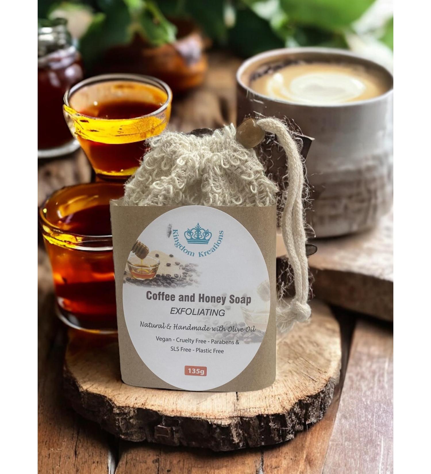 Handmade Olive Soap with Coffee & Honey and FREE Exfoliating Soap Bag