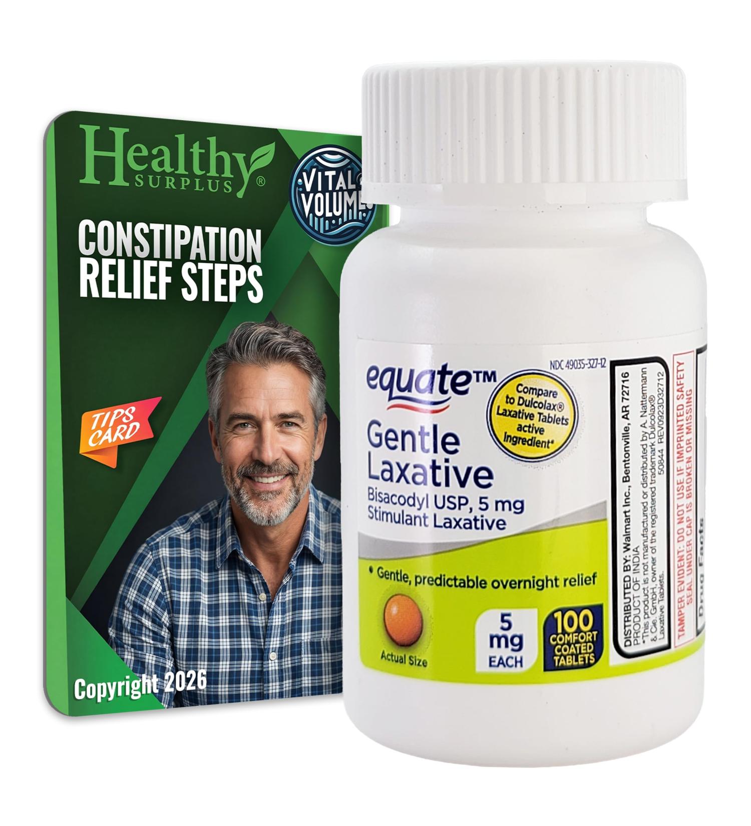 Healthy Surplus Equate Gentle Laxative Bisacodyl USP 5 mg Stimulant Laxative 5 mg 100 Tablets (Comfort Coated) and Vital Volumes Constipation Relief Steps Tips Card Bundle - Buy Online on GoSupps.com