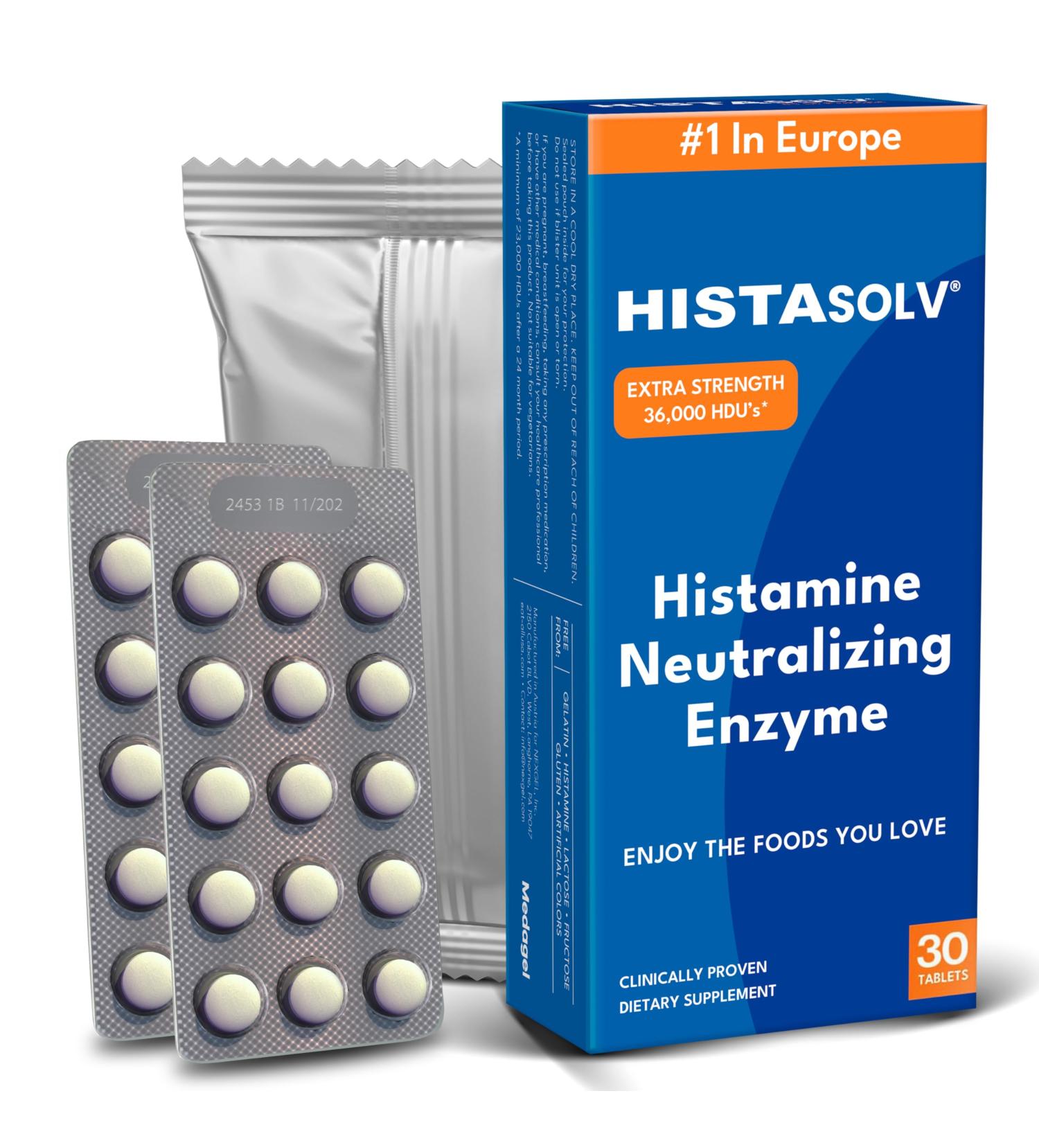 HISTAsolv Extra Strength DAO Enzyme Supplement for Histamine Food Intolerance - Eases Digestive Discomfort - Patented Tech - Made in Austria - 30 Pack 30 Count (Pack of 1) - Buy Online on GoSupps.com
