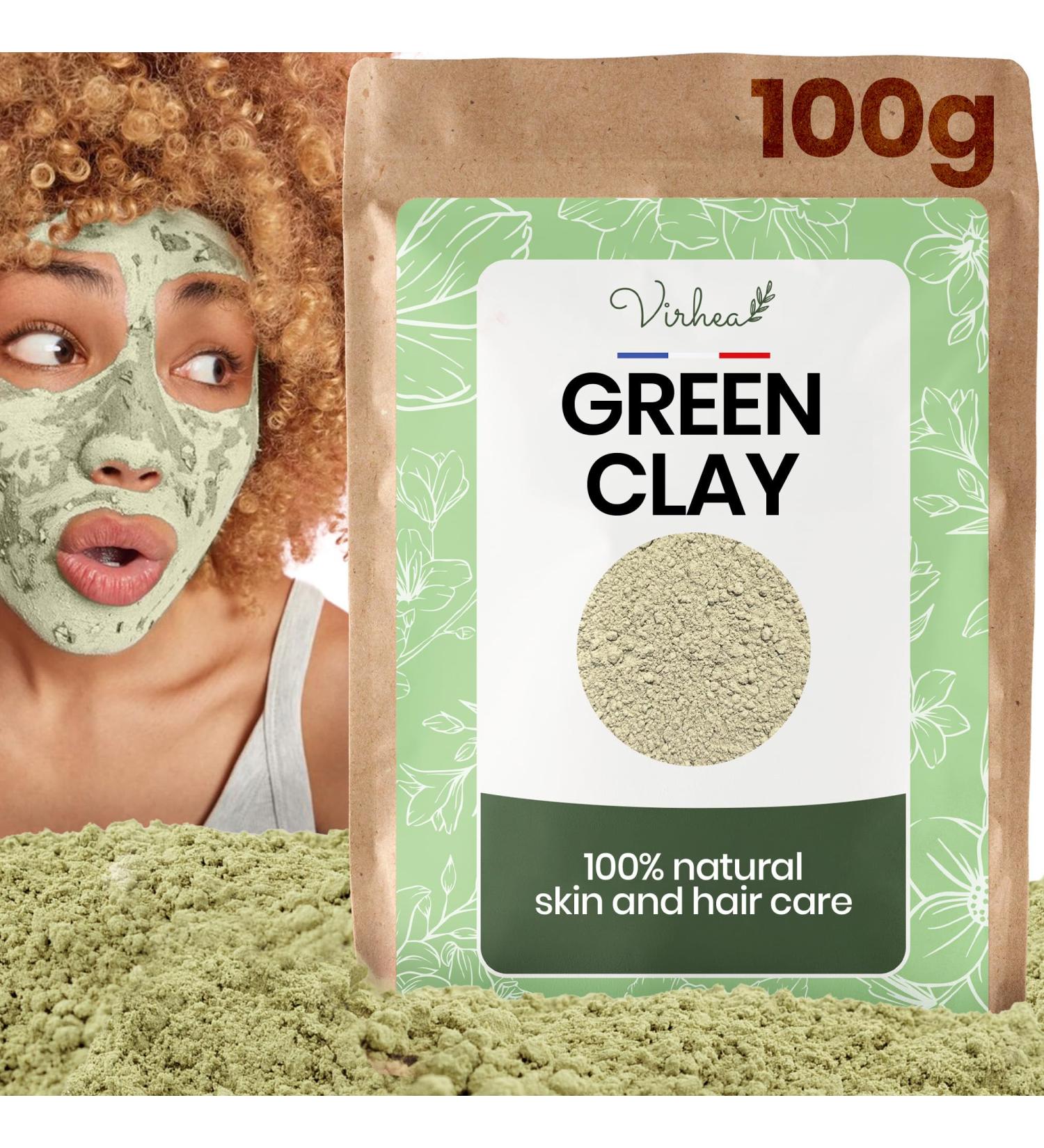 virhea Green Clay Powder 100g - Acne Face Mask - Natural Face Care for Sensitive Skin - Montmorillonite Surfine Clay - Purifying Face Mask Men Women