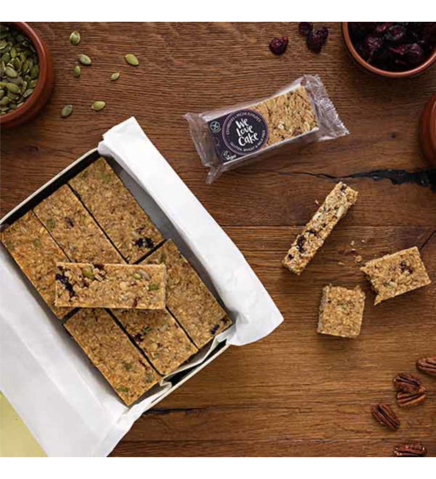 Cranberry & Pecan Flapjacks (18) Gluten wheat & dairy free. Individually wrapped. Made with oats dried cranberries pecans & seeds.