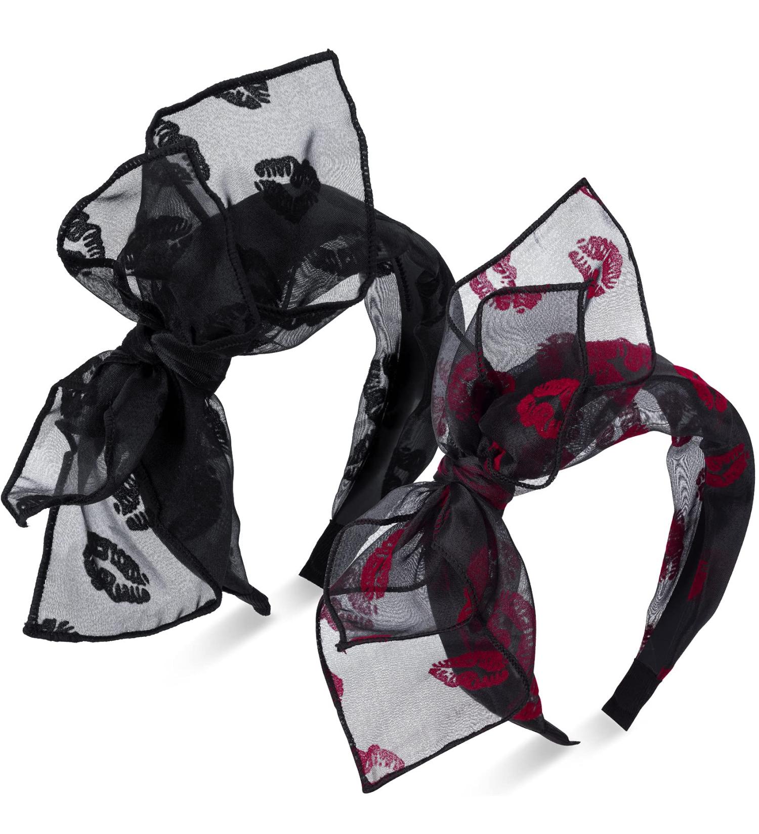 PAGOW 2pcs Lip Bow Knotted Headband Set - Solid Colors Gauze Rabbit Ears Hairband for Girls & Women (Black, Red Lips) - Buy Online on GoSupps.com