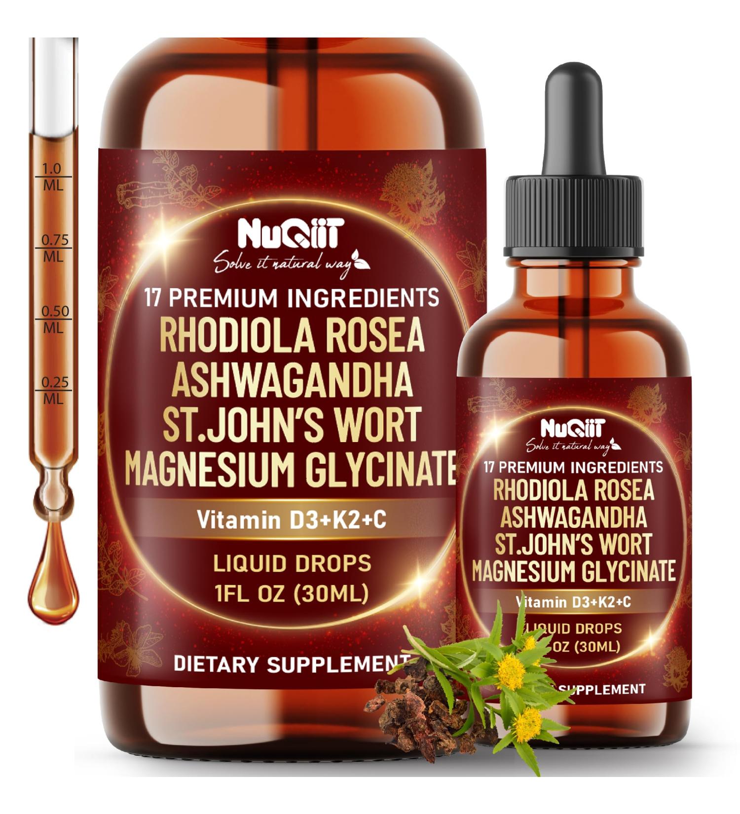 NUQIIT 17in1 Rhodiola Rosea Liquid Drops Tincture w/Ashwagandha Magnesium L-Theanine. Ultra Rhodiola Cortisol Supplement Rhodiola Root for Mood Energy - 1 FL Oz - 60 Day Supply - Buy Online on GoSupps.com
