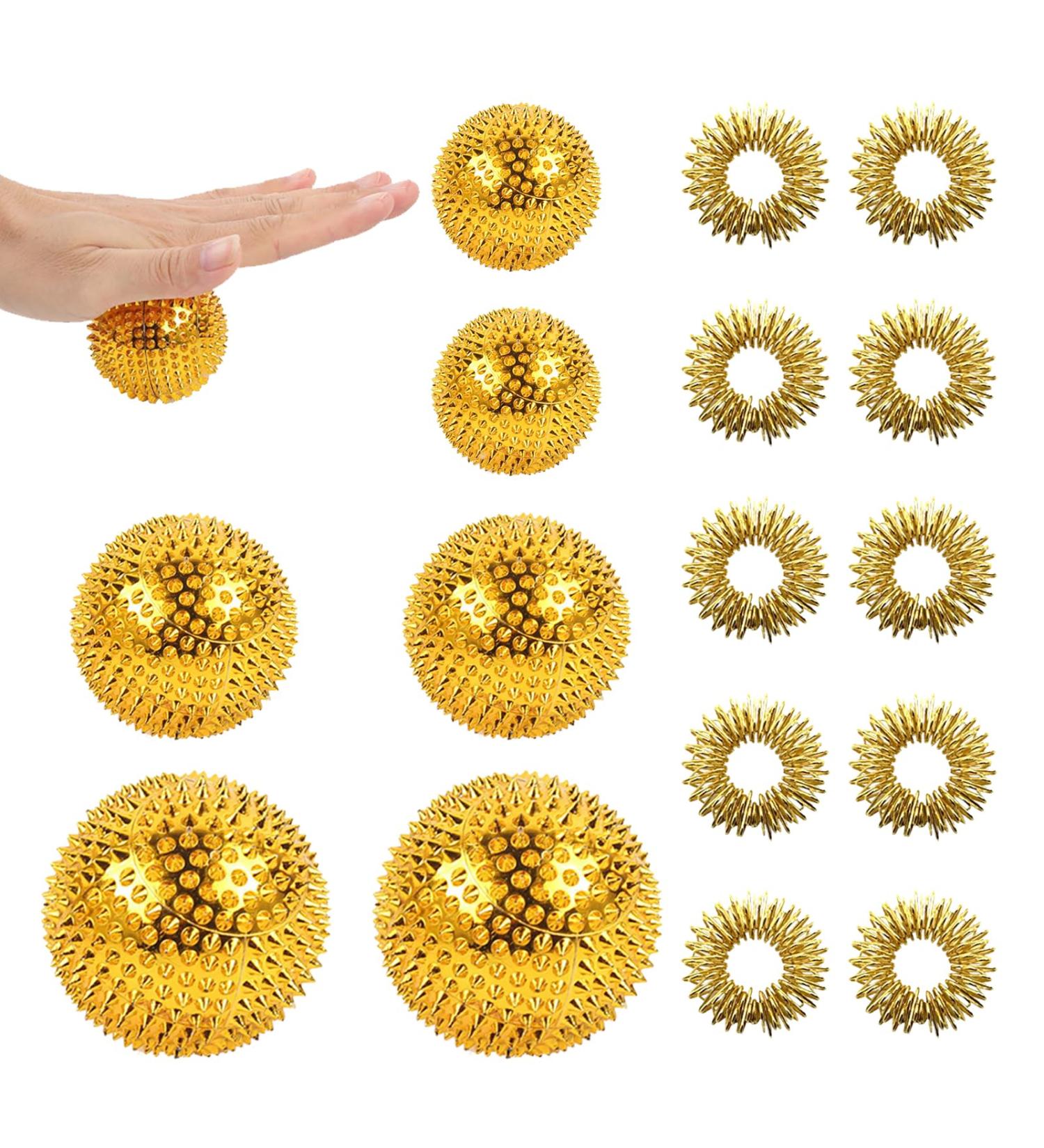 6 Magnetic Hedgehog Massage Balls & 10 Acupressure Rings - Gold Stress Relief Yoga Massage Set - Buy Online on GoSupps.com