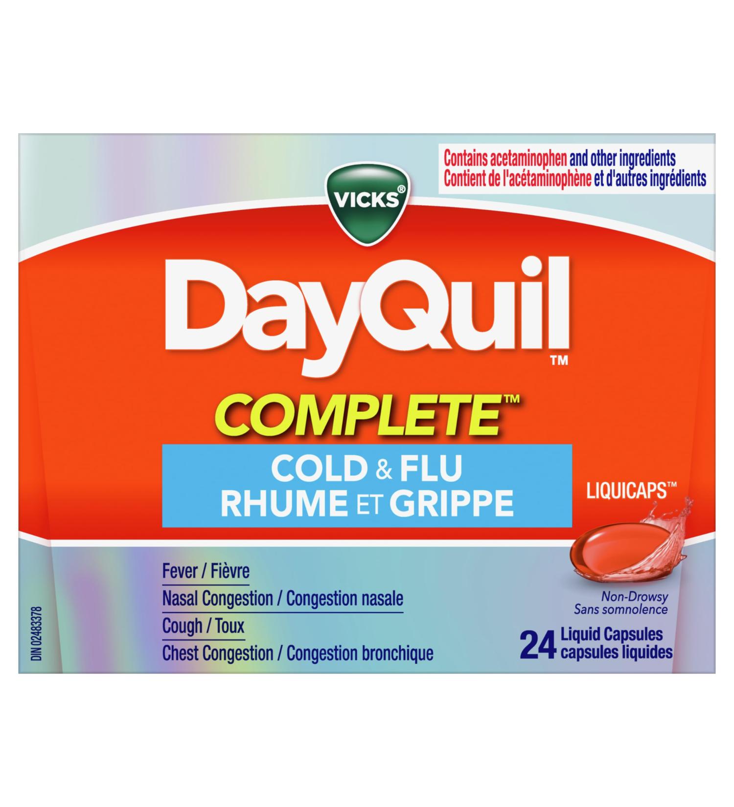 Vicks DayQuil COMPLETE Cold and Flu LiquiCaps Medicine Non-Drowsy Daytime Multi-Symptom Relief for Cough Congestion Fever Sore Throat Pain 24 Count 24 Count (Pack of 1) - Buy Online on GoSupps.com