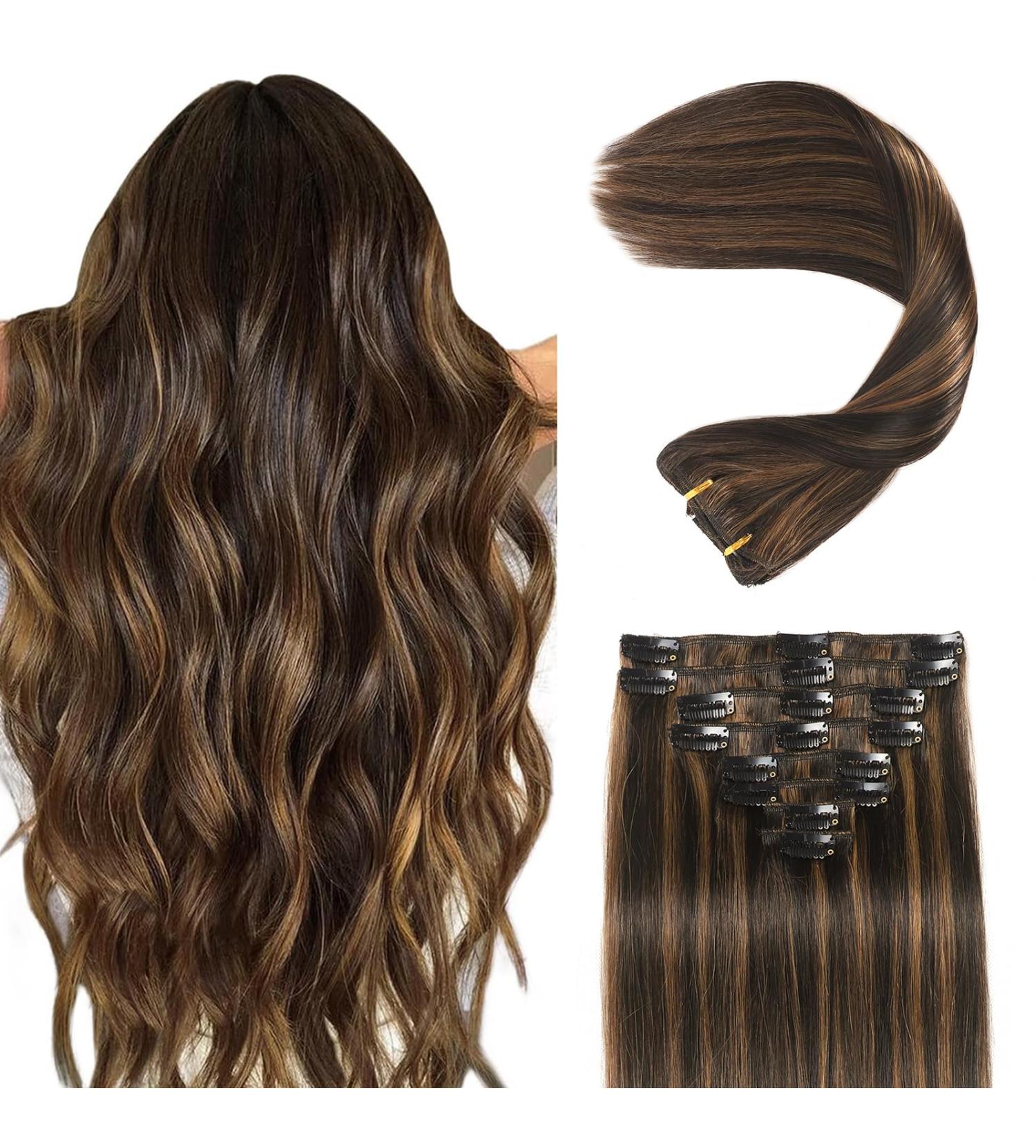 Buy Clip-in Hair Extensions - Real Remy Human Hair Seamless Double Weft Balayage Natural Black & Chestnut Brown 16 Inch 80g - Perfect for Women - Buy Online on GoSupps.com