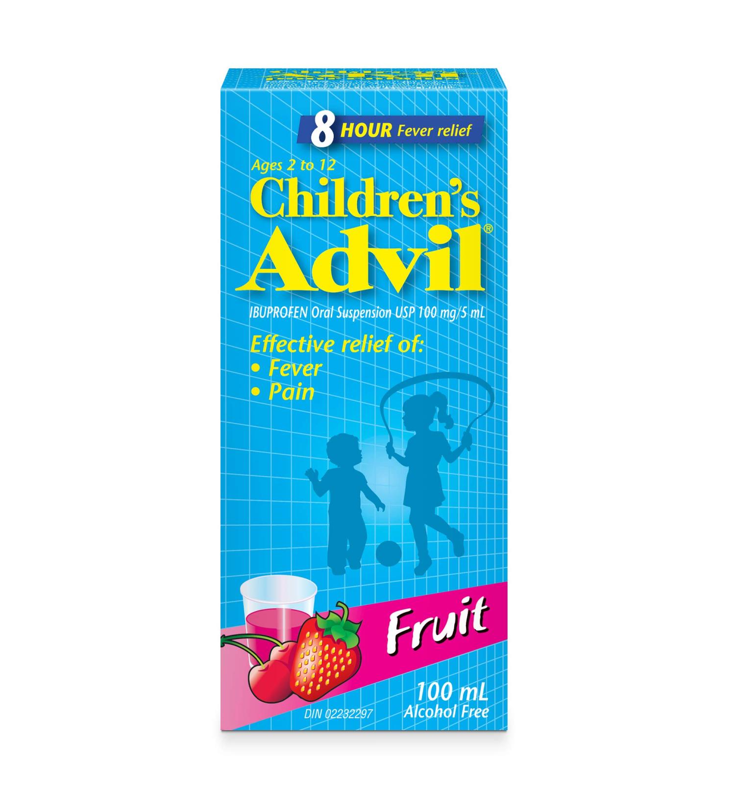 Children's Advil (100 ML Fruit Flavour) Ibuprofen Suspension Temporary Fever Reducer 100 ml (Pack of 1) Fruit - Buy Online on GoSupps.com
