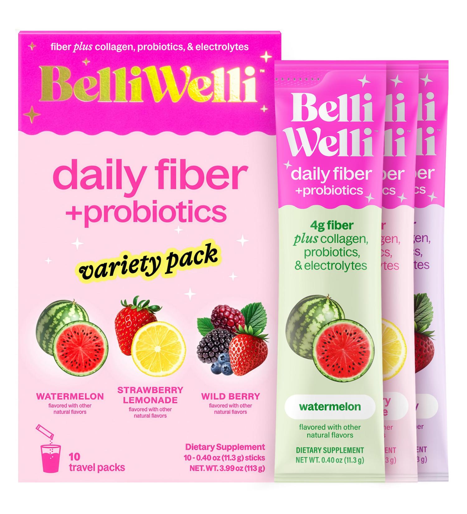 Belli Welli Daily Fiber Supplement Packets with Collagen, Probiotics & Electrolytes | Single Serve Packets for Gut Health, Digestion & Debloating | Variety | 10 Count - Buy Online on GoSupps.com