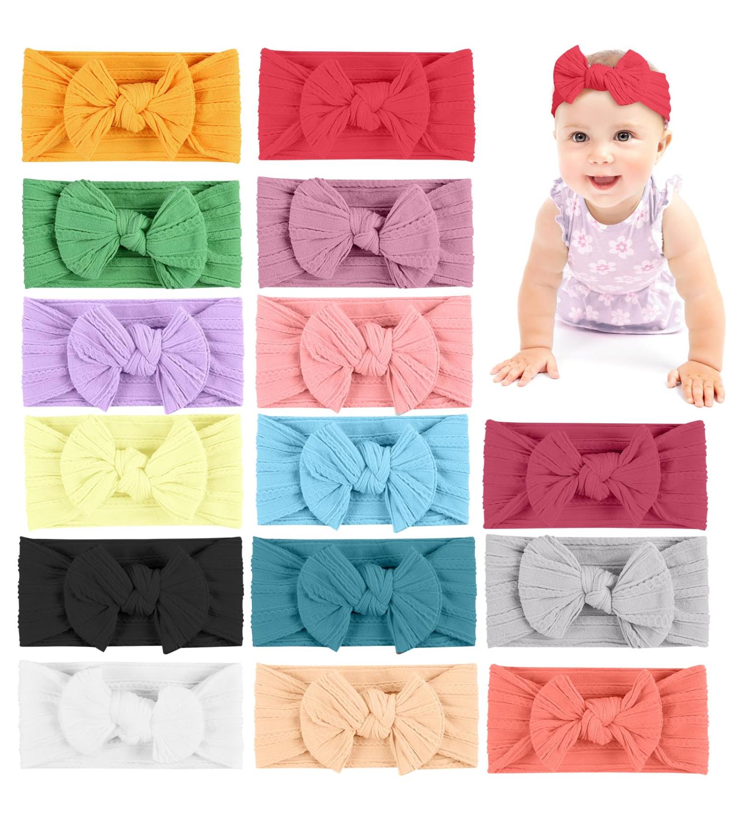 Aolso Baby Girl Nylon Headbands 15pc Set - Newborn to Toddler Hair Accessories with Twist Style Bows - Buy Online on GoSupps.com