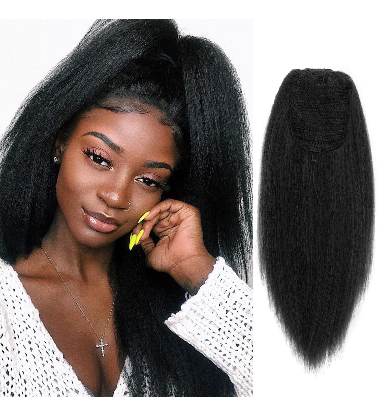 Allyreetress Natural Black Yaki Drawstring Ponytail Extension for Black Women Kinky Staight Up Down Ponytails Synthetic Hair Extensions 20 Inches Clip in (1B Black) 20 inches 1B - Buy Online on GoSupps.com