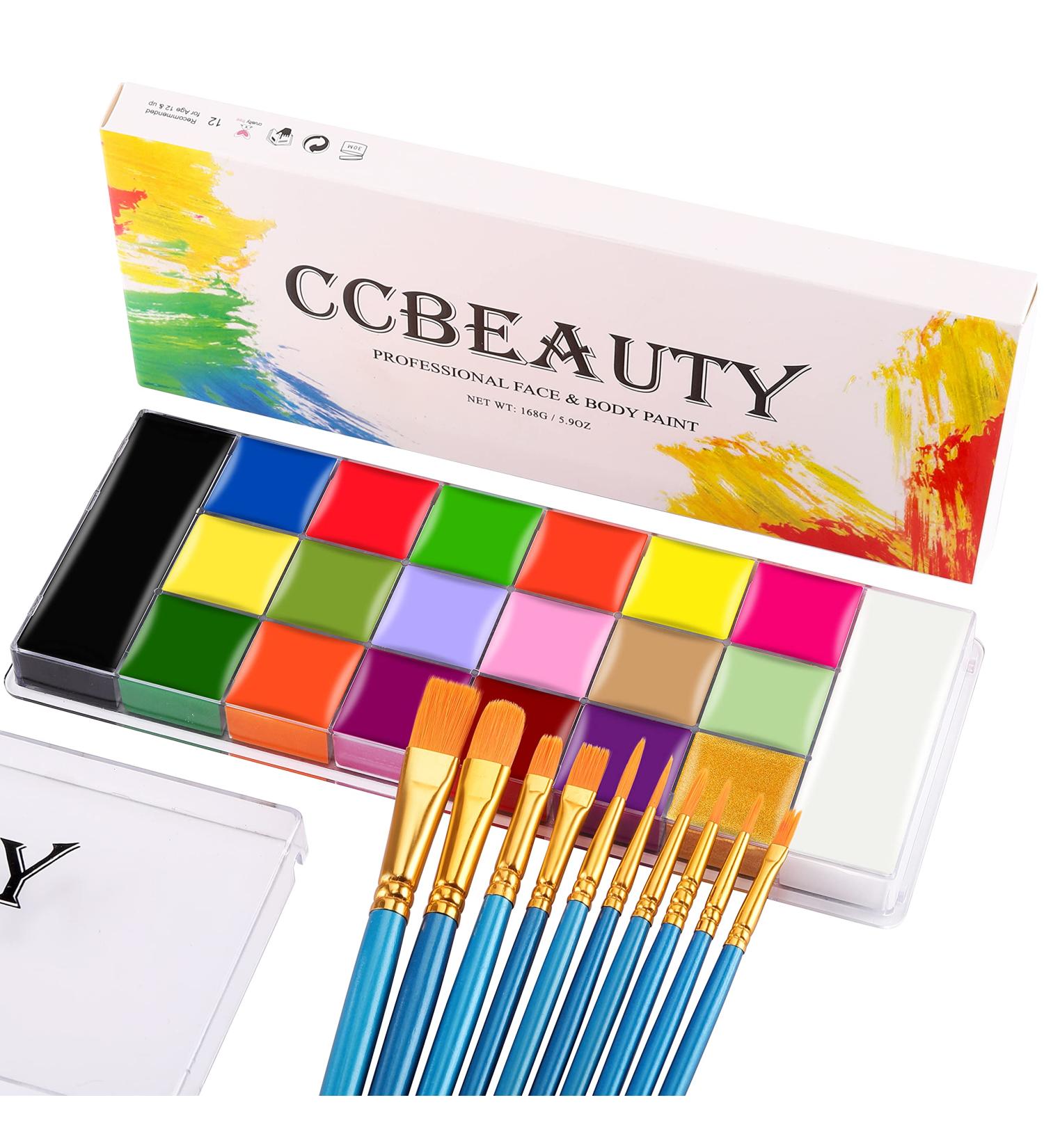 CCbeauty Professional Face Body Paint Set - 20 Colors for Halloween Neon Face Painting, SFX Cosplay & Costume Makeup | UV Glow + Classic Colors | Oil Based with 10 Brushes Included - Buy Online on GoSupps.com