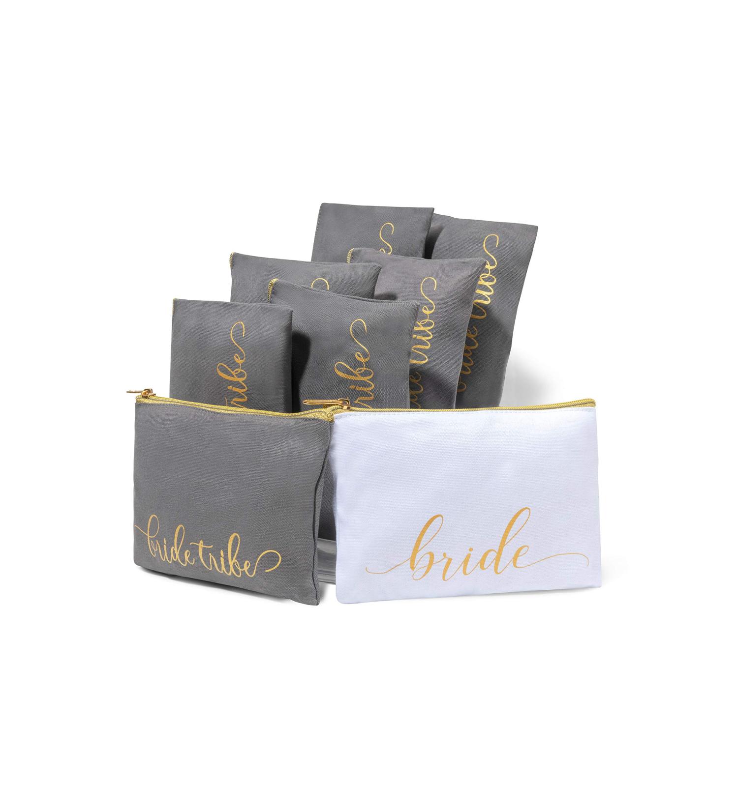 8 Piece Bride Tribe Bridesmaid Gifts Bags Set - Canvas Makeup Clutch & Purse | Bachelorette Party Favors | Bridesmaid Proposal Box - Charcoal - Buy Online on GoSupps.com