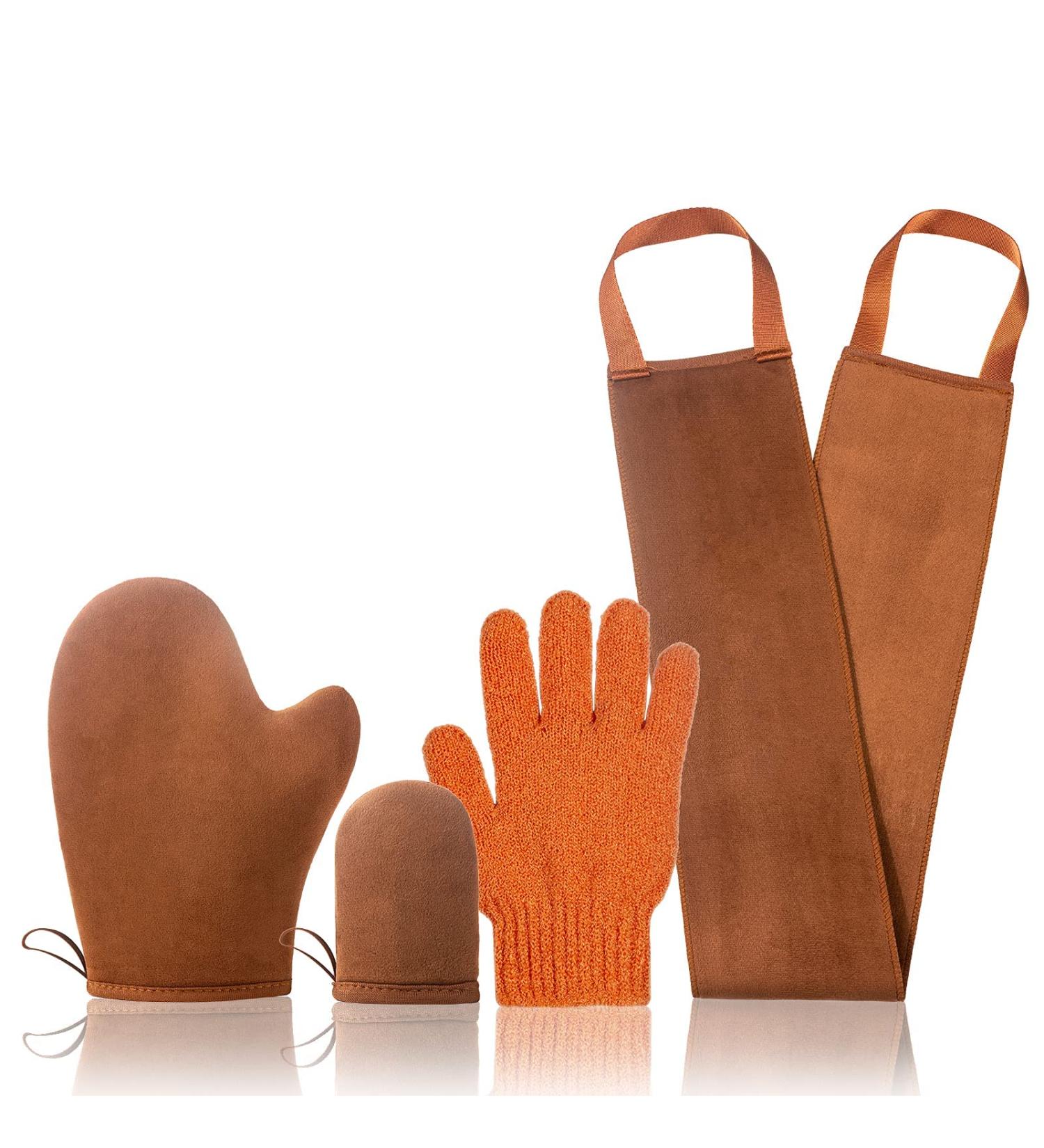 4 Pack Self Tanning Mitt Applicator Kit with Exfoliating Gloves and Back Lotion Applicator - Buy Online on GoSupps.com