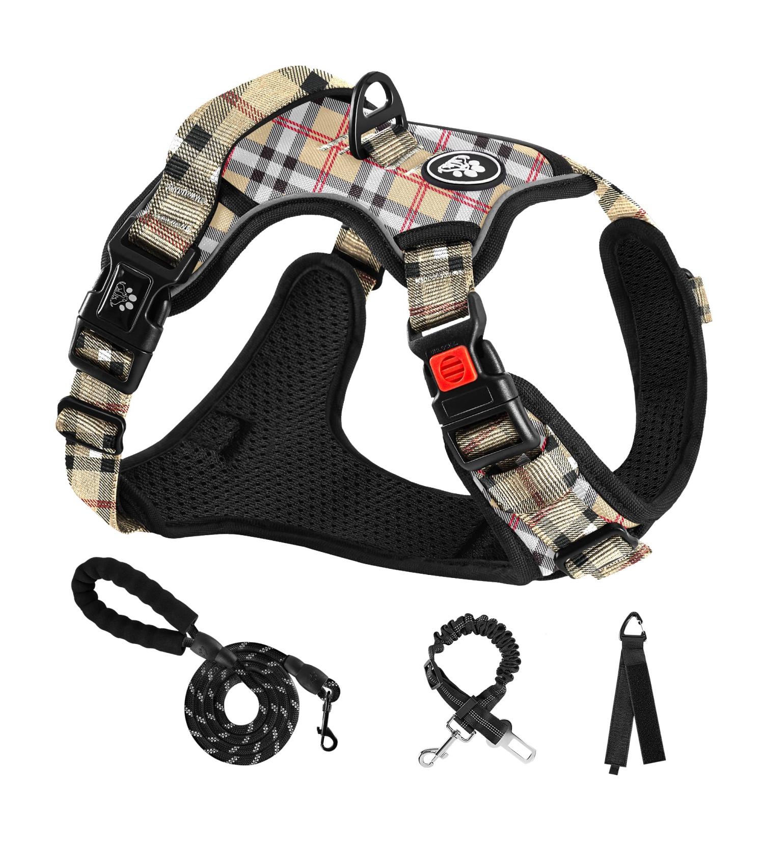 Nestroad Large Dog Harness & Leash Set - Beige Checkered Custom Fit for Dogs (Neck 38-48cm Chest 48-74cm) - Safety Belt for Car Travel - Buy Online on GoSupps.com