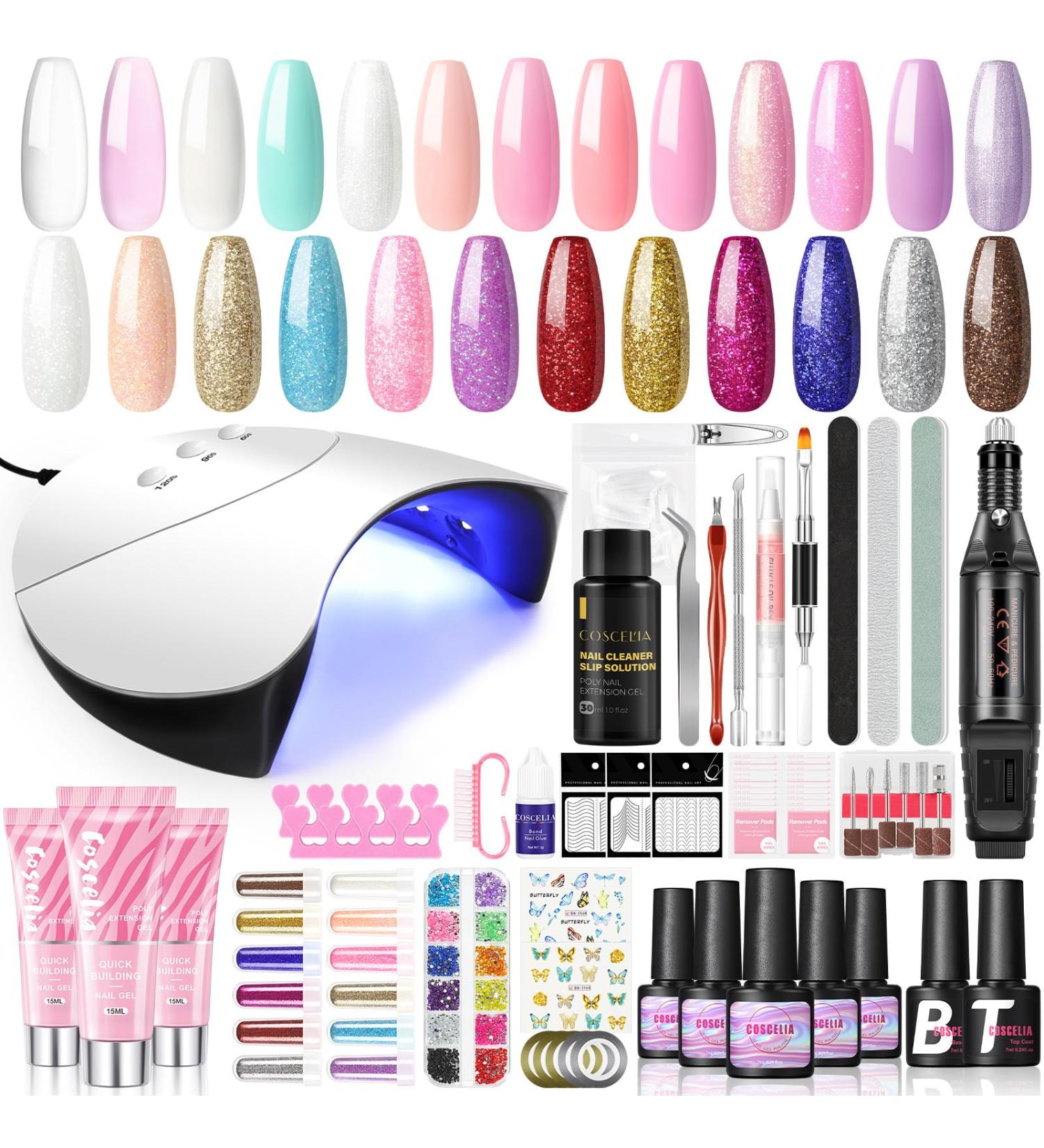 Gel Nail Polish Kit with U V Light and Drill Starter Kit 10pcs Gel Polish and 3PC Poly Extension Gel Glitter Nail Rhinestones Decoration Powders Stickers Gel Manicure Kit at Home Gifts for Women - Buy Online on GoSupps.com