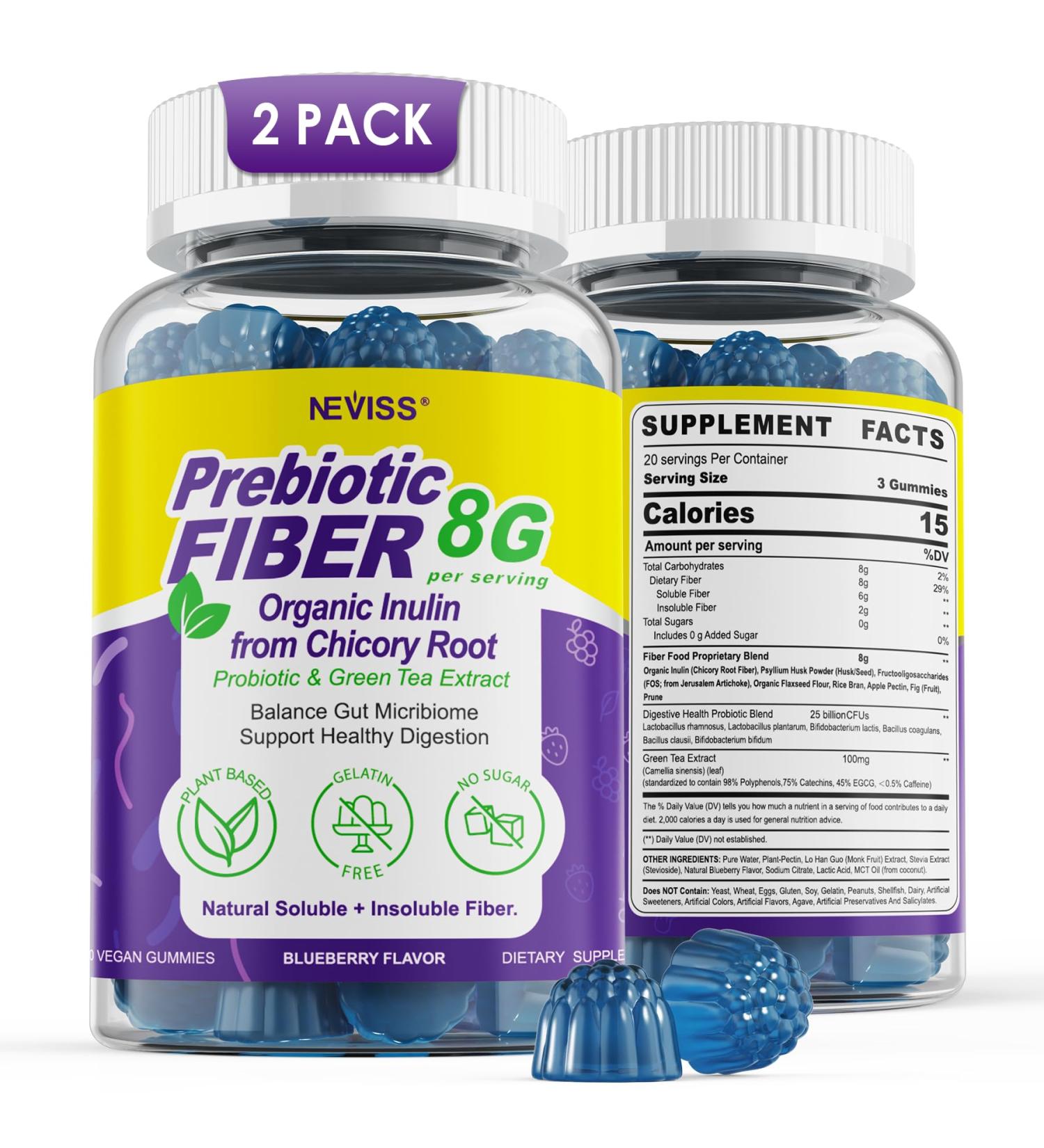 8G Fiber Gummies with Probiotics Fiber Supplement with 25 Billion CFU Probiotics Blend Inulin Green Tea Extract Support Digestive Health Regularity No Sugar Added Daily Gummy for Adults 120Cts 60 Count (Pack of 2) - Buy Online on GoSupps.com