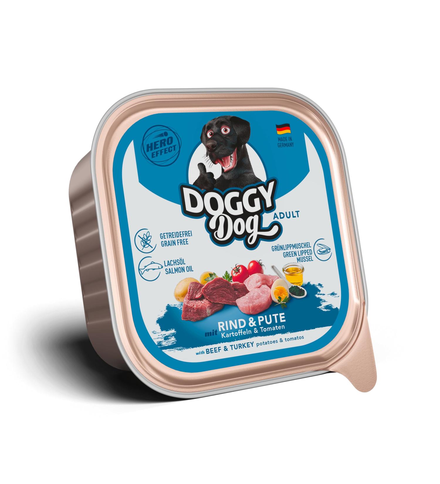 DOGGY Dog Pat Beef and Turkey 10 x 150 g - Wet Food for Dogs - Grain Free - with Salmon Oil and Green-lipped Mussel - Complete Food with Potatoes and Tomato - Made in - Buy Online on GoSupps.com