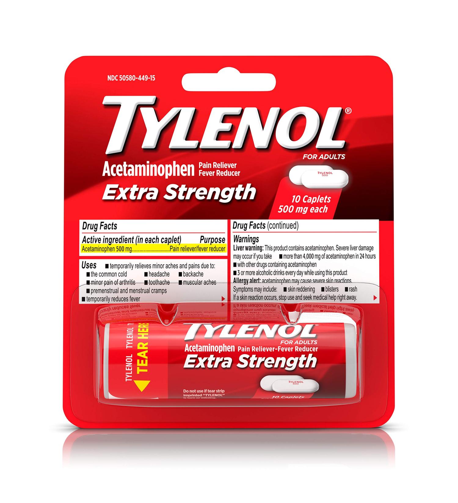 Tylenol Extra Strength Caplets 500mg - Pain & Fever Relief for Headache, Backache & Menstrual Pain - 10 ct - Buy Online on GoSupps.com