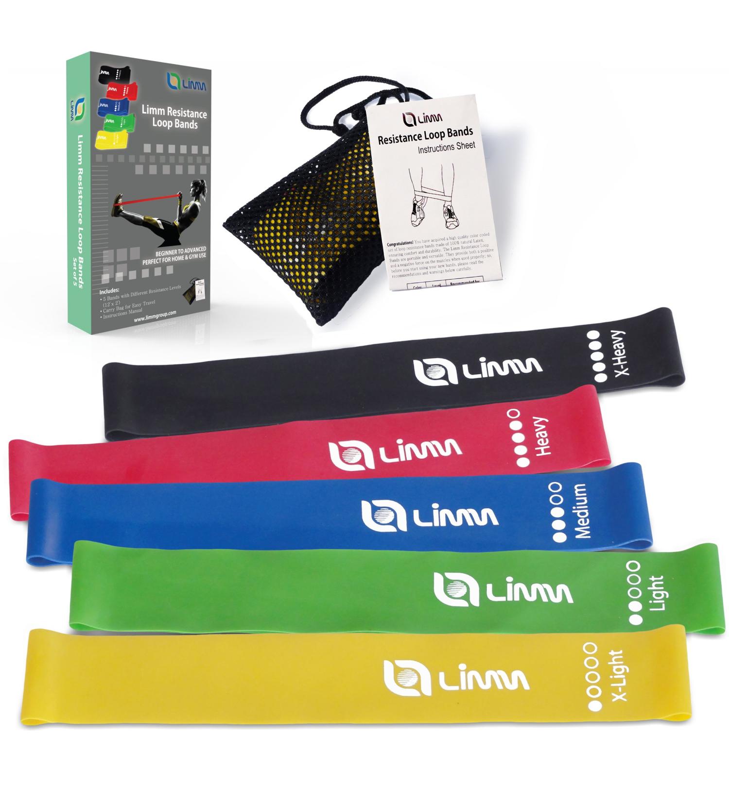 Limm Resistance Loop Exercise Bands - Set of 5 with Instruction Guide & Carry Bag - Latex Stretch Bands for Home Workout & Physical Therapy - Multicolor Set for Women and Men - Buy Online on GoSupps.com