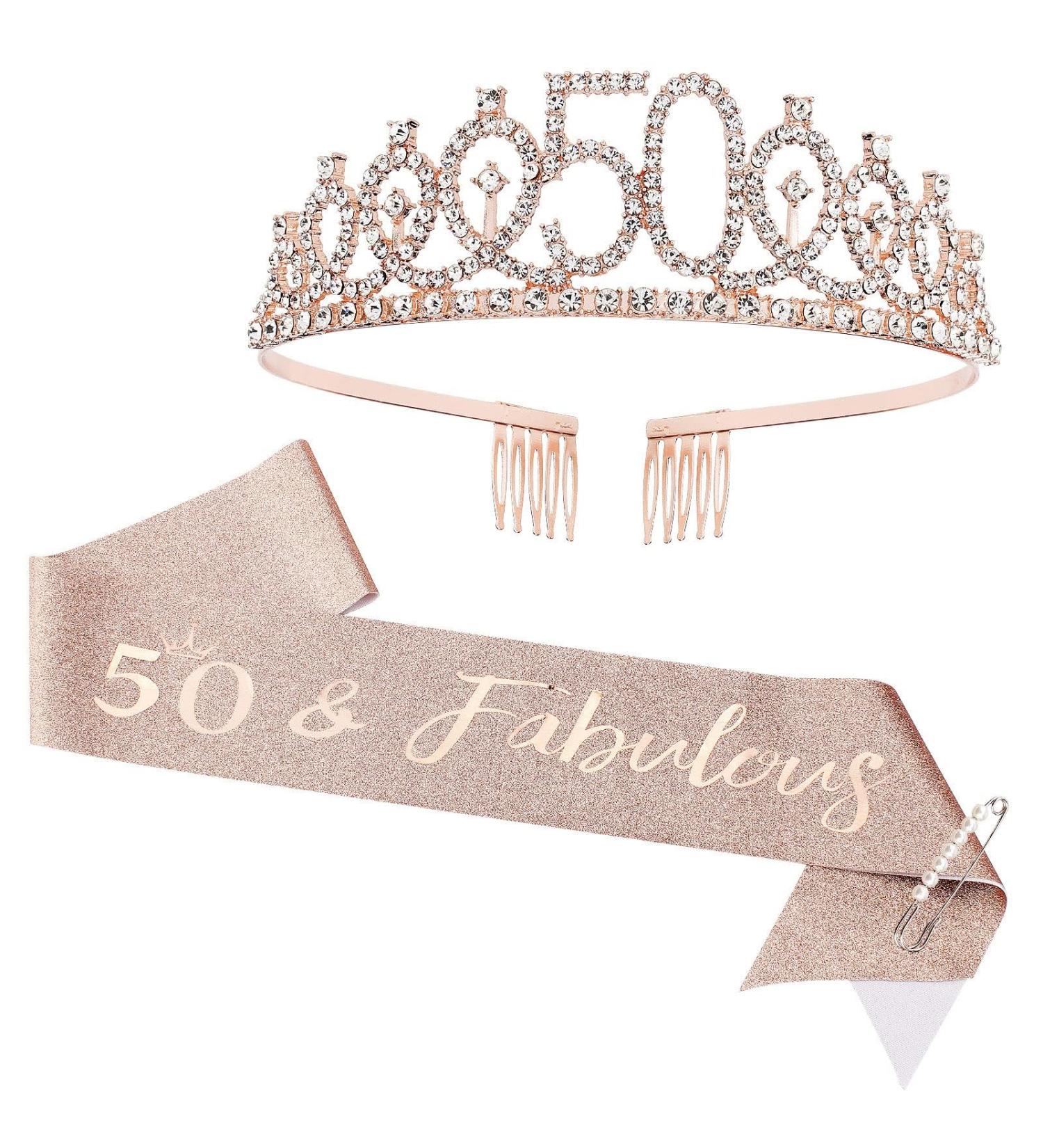 50th Birthday Sash and Tiara Set Rose Gold Birthday Sash Crown Birthday Party Favors Supplies for Girls Birthday Party - Buy Online on GoSupps.com