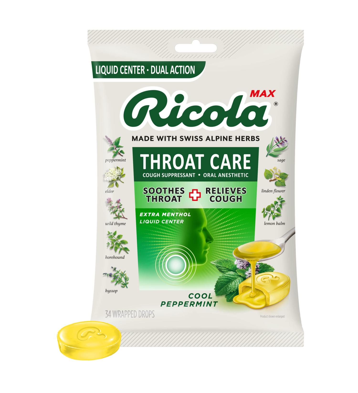 Ricola Max Cool Peppermint Throat Care 34 Count Cough Suppressant Drops for Soothing Relief - Buy Online on GoSupps.com