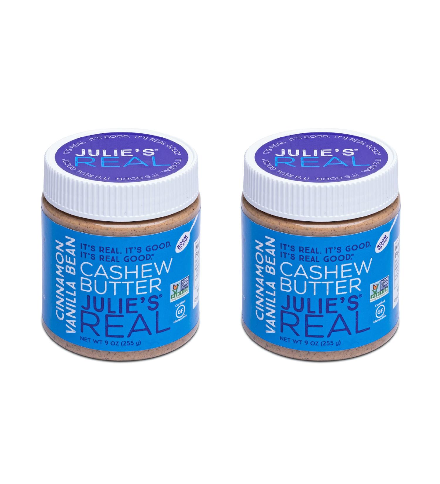 Julie's Real Cashew Butter  Cinnamon Vanilla Bean - Gluten-Free  Non-GMO  Paleo  Kosher - No Sugar Added  No Palm Oil  Peanut Free - Healthy Snack and Breakfast - 2 Pack (9oz Jar) Cinnamon Vanilla 9 Ounce (Pack of 2) - Buy Online on GoSupps.com