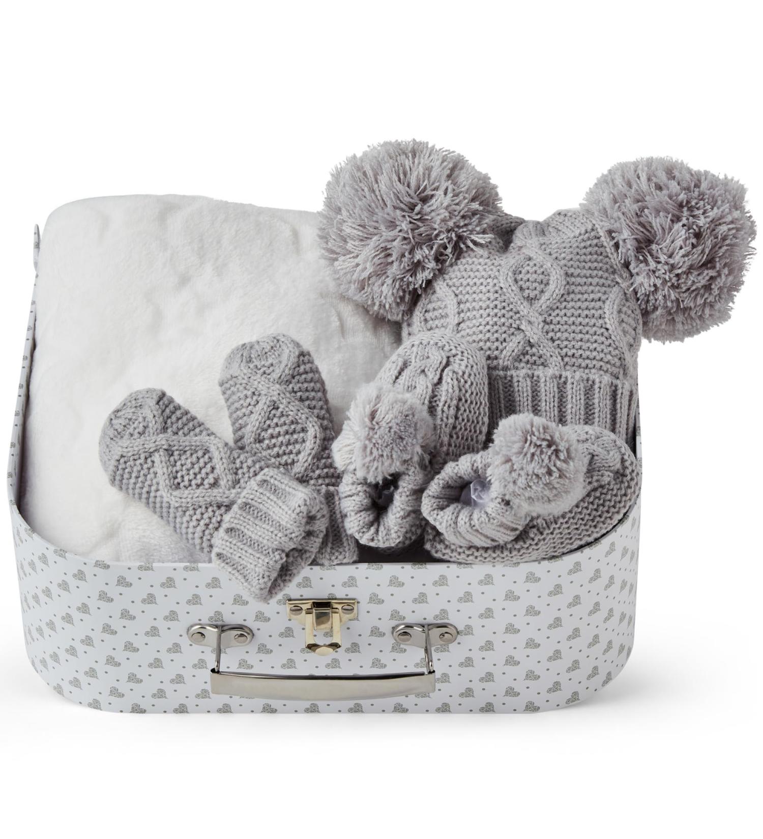 Baby Shower Gifts - Winter Baby Clothes Set with Newborn Winter Clothes Warm Winter Accessories Baby Winter Hat Fleece Blanket Baby Knitted Booties Baby Gloves Baby Blanket New Baby Gift Set Standard Grey