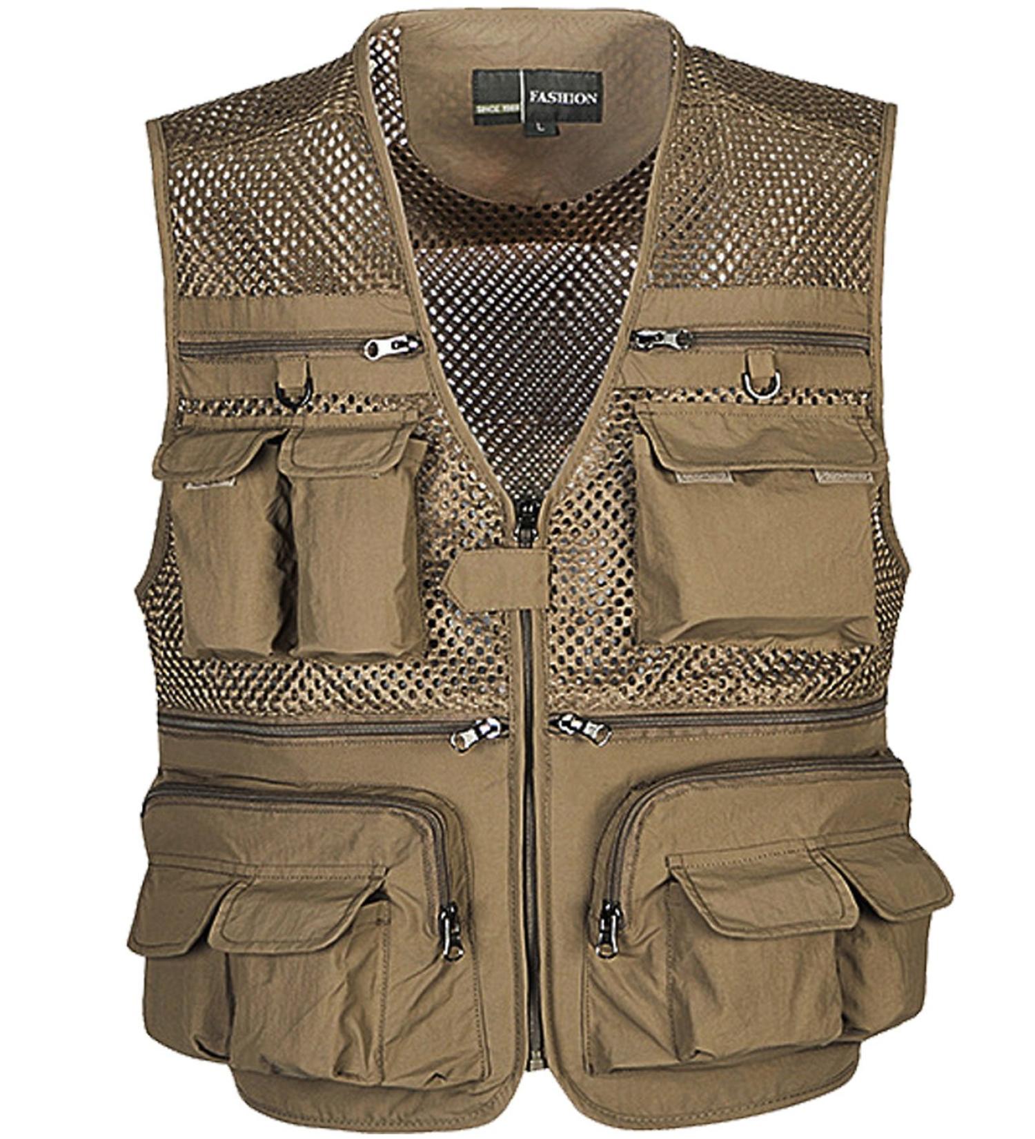 Flygo Men's Summer Outdoor Work Safari Fishing Travel Photo Vest - Medium Khaki Mesh - Buy Online on GoSupps.com