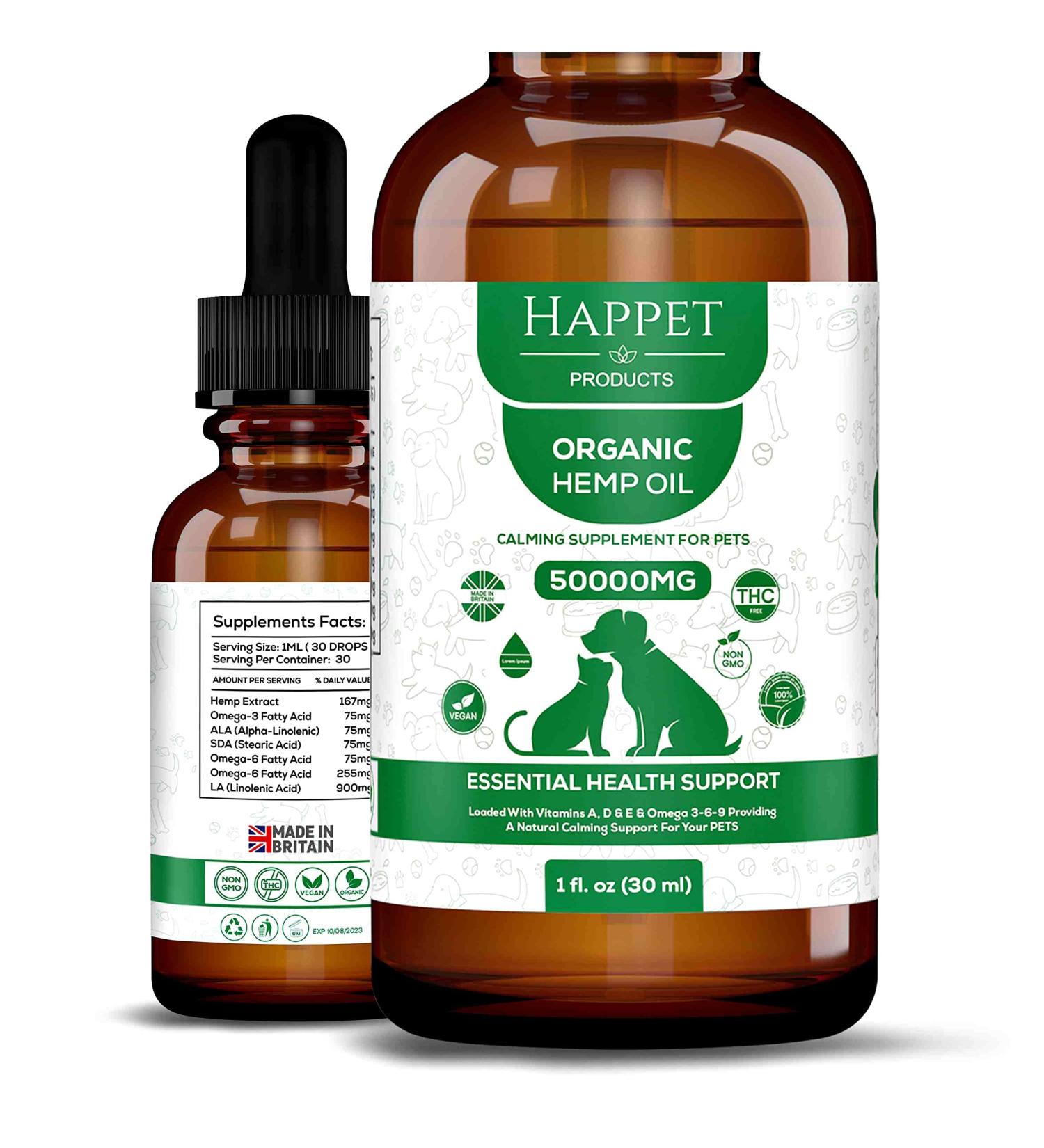 Happet Hemp Oil for Dogs Cats and Pets. High Strength 30ml bottle 100% Natural Hemp Seed Oil Helps with Anxiety and Stress Relief Healthy Joints and Coat Rich in Nutrients - Made in UK - Buy Online on GoSupps.com