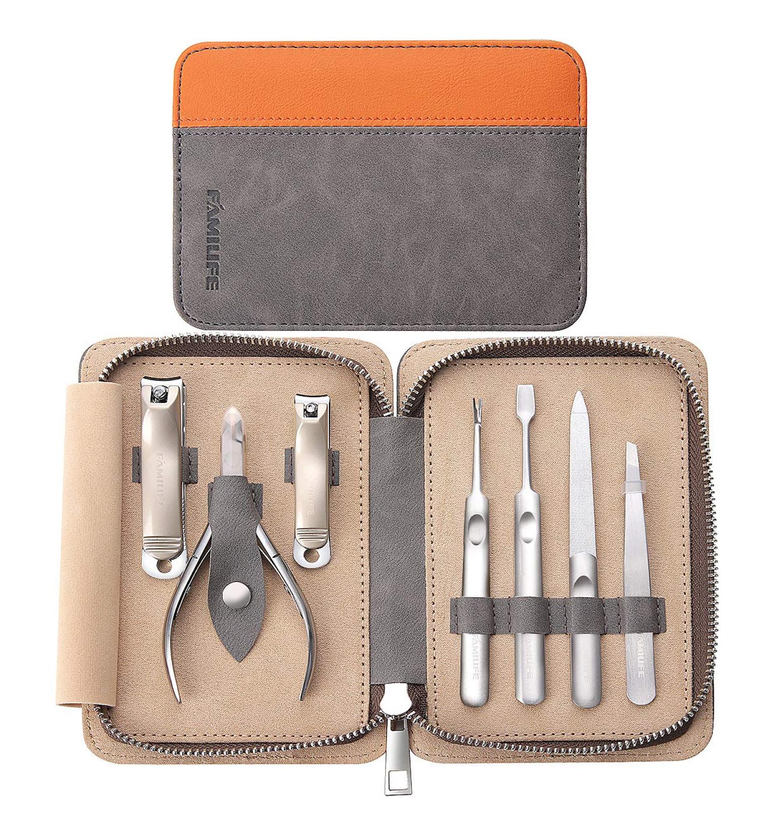 FAMILIFE 7PCS Manicure Set for Men - Professional Stainless Steel Nail Kit with Leather Travel Case - Grooming Gift Set in Gray and Orange - Buy Online on GoSupps.com