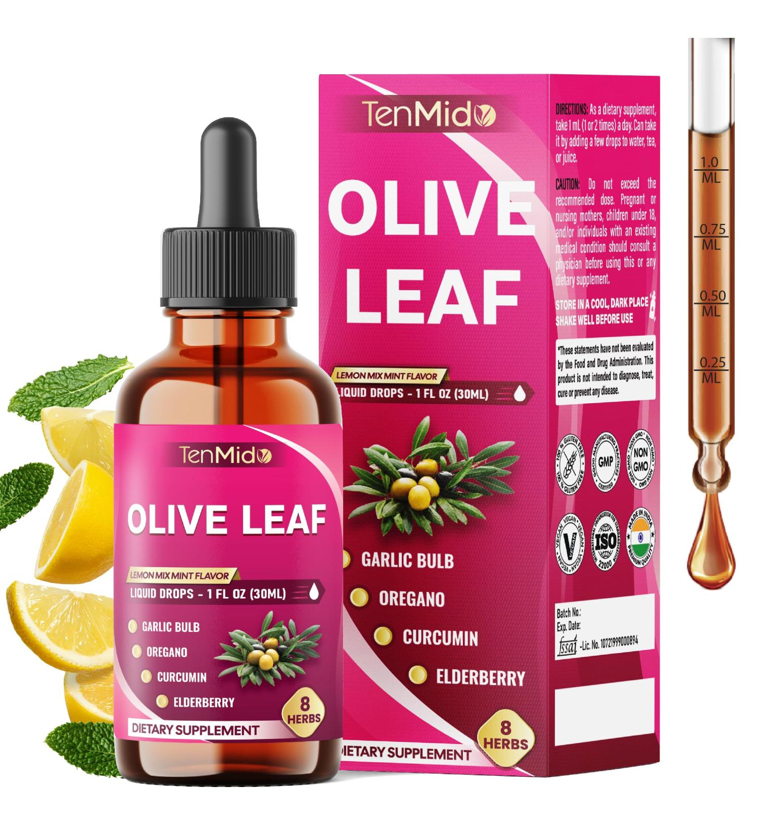 Tenmido Olive Leaf Extract Liquid - 8in1 with Garlic Oregano Curcumin Elderberry Dandelion Ginger and Peppermint - Vegan Non-GMO - 30ml 1 Fl Oz - Buy Online on GoSupps.com