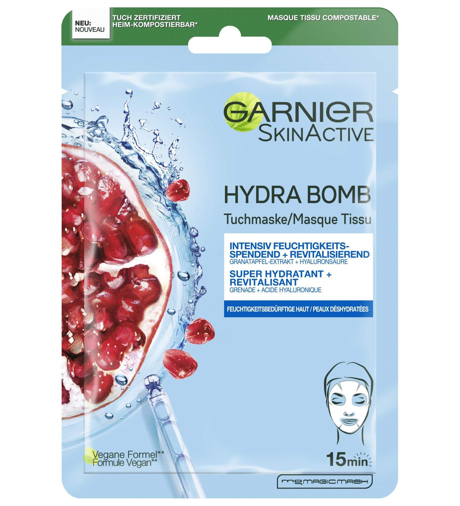 Garnier Cloth Mask Face Mask for Moisture Needing Skin Revitalising and Moisturising with Hyaluronic Acid and Pomegranate Extract Hydra Bomb 28 g - Buy Online on GoSupps.com
