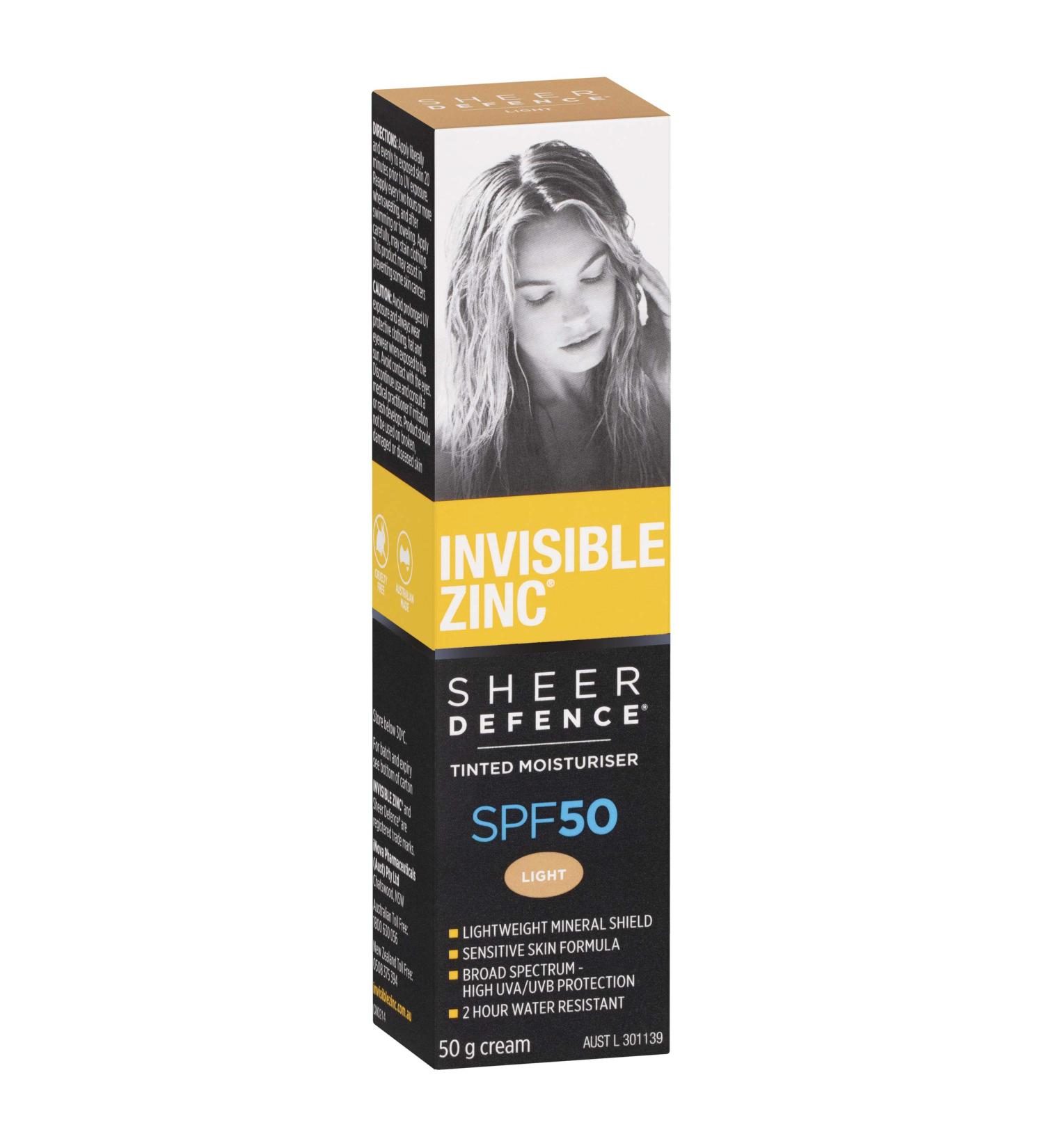 Invisible Zinc Sheer Defence Tinted Light SPF 50 Moisturizer - 50g - Buy Online on GoSupps.com