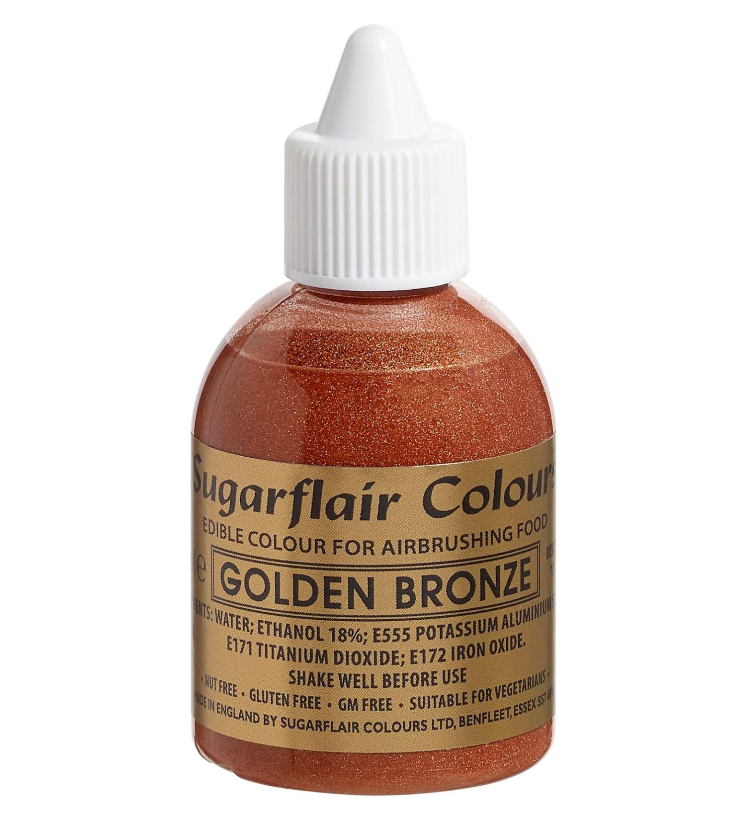 Sugarflair Golden Bronze Metallic Glitter Edible Airbrush Colour - Edible Food Colouring Airbrush Paint for Cakes Cupcakes Icing and Cake Decorations - 60ml Glitter Golden Bronze