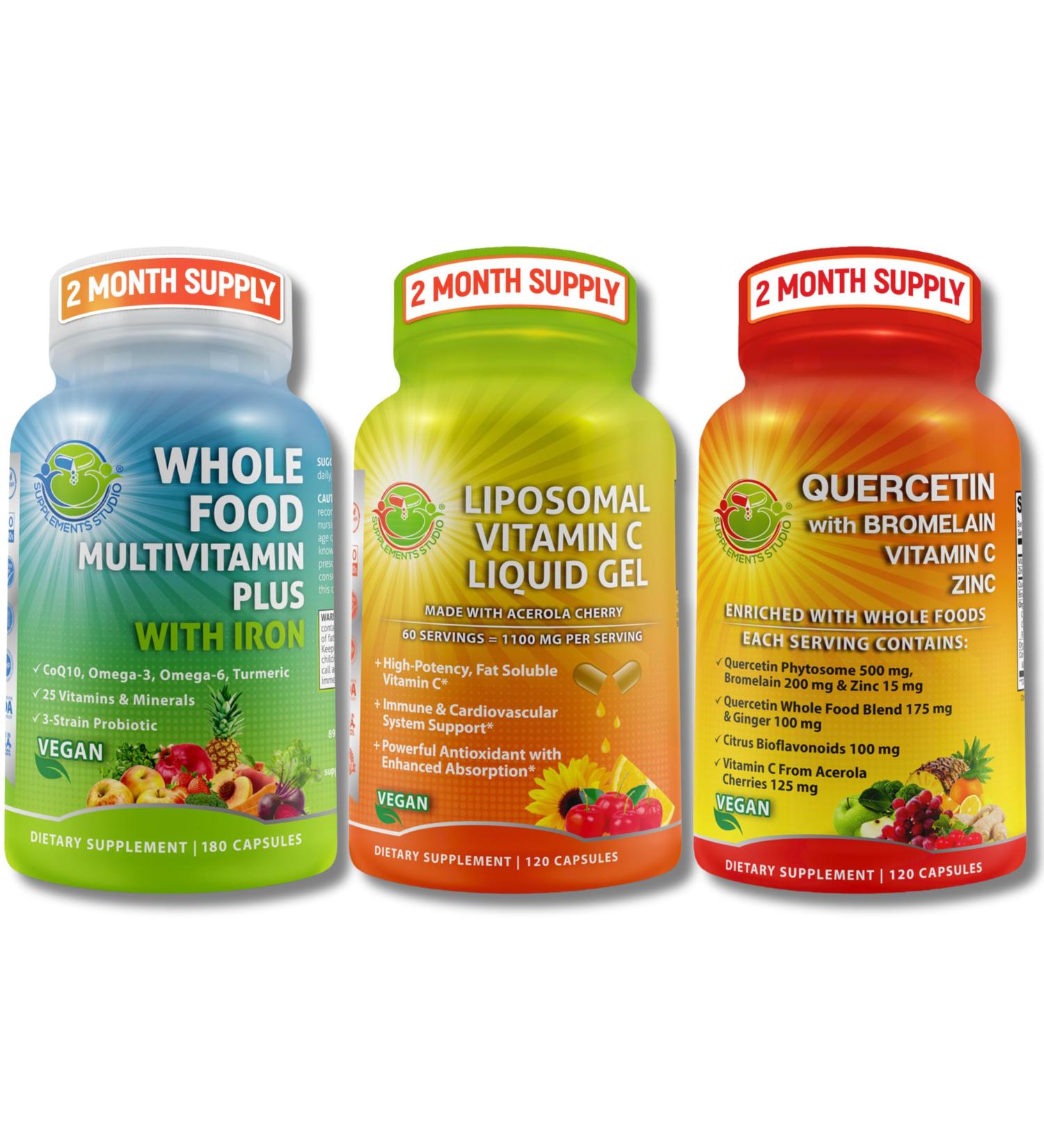 Immune Energy & Comprehensive Multi-System Support Trio - Liposomal Vitamin C 1100mg Liquid Gel + Quercetin with Bromelain Zinc & Vitamin C + Daily Multivitamin with Iron Non-GMO Clean Label - Buy Online on GoSupps.com