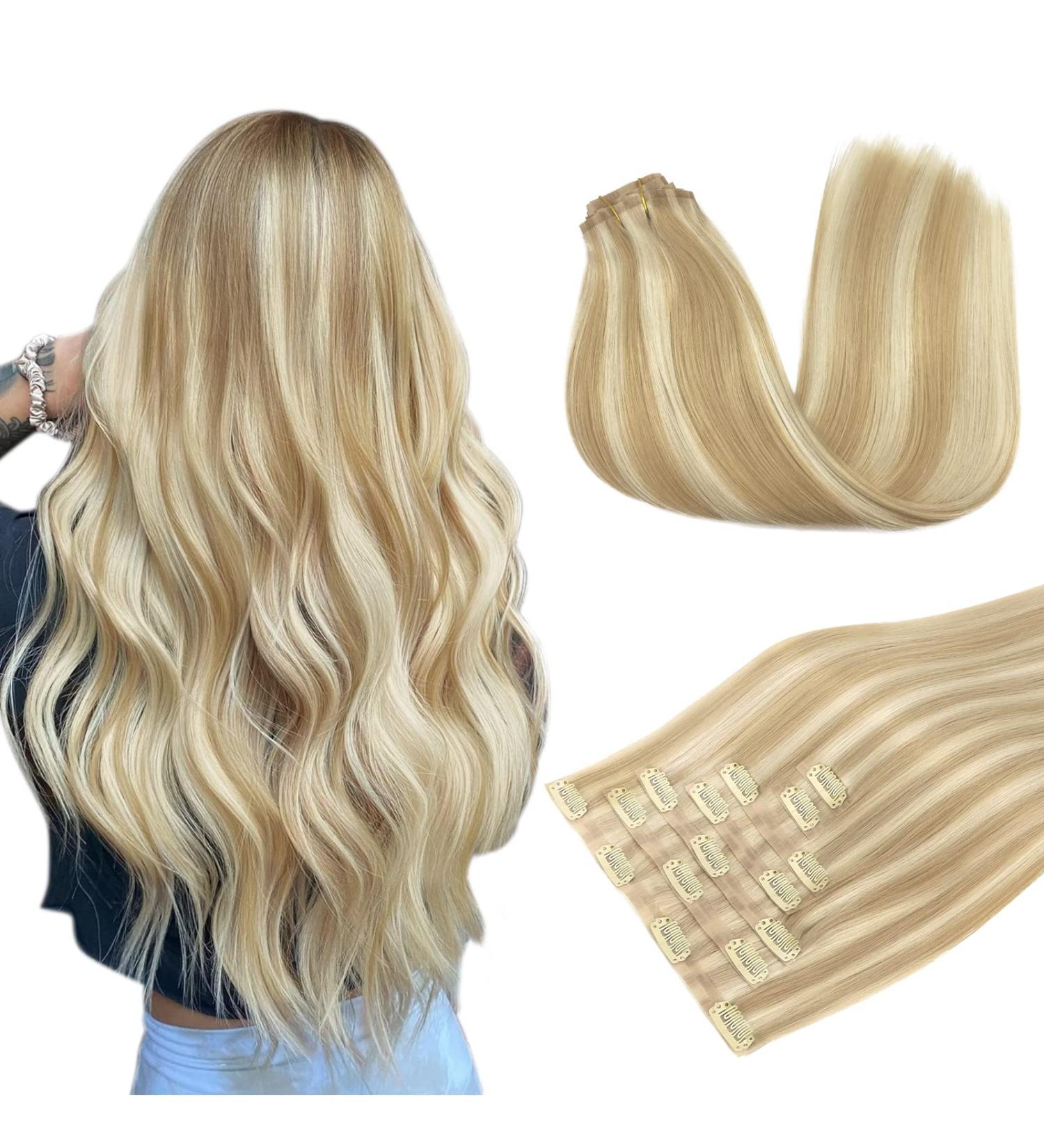 Doores Seamless Clip In Extensions - Real Hair 35cm 14 Inch Dirty Blonde Highlights 110g Remy Human Hair - Thick Natural & Seamless #18/613 - Buy Online on GoSupps.com