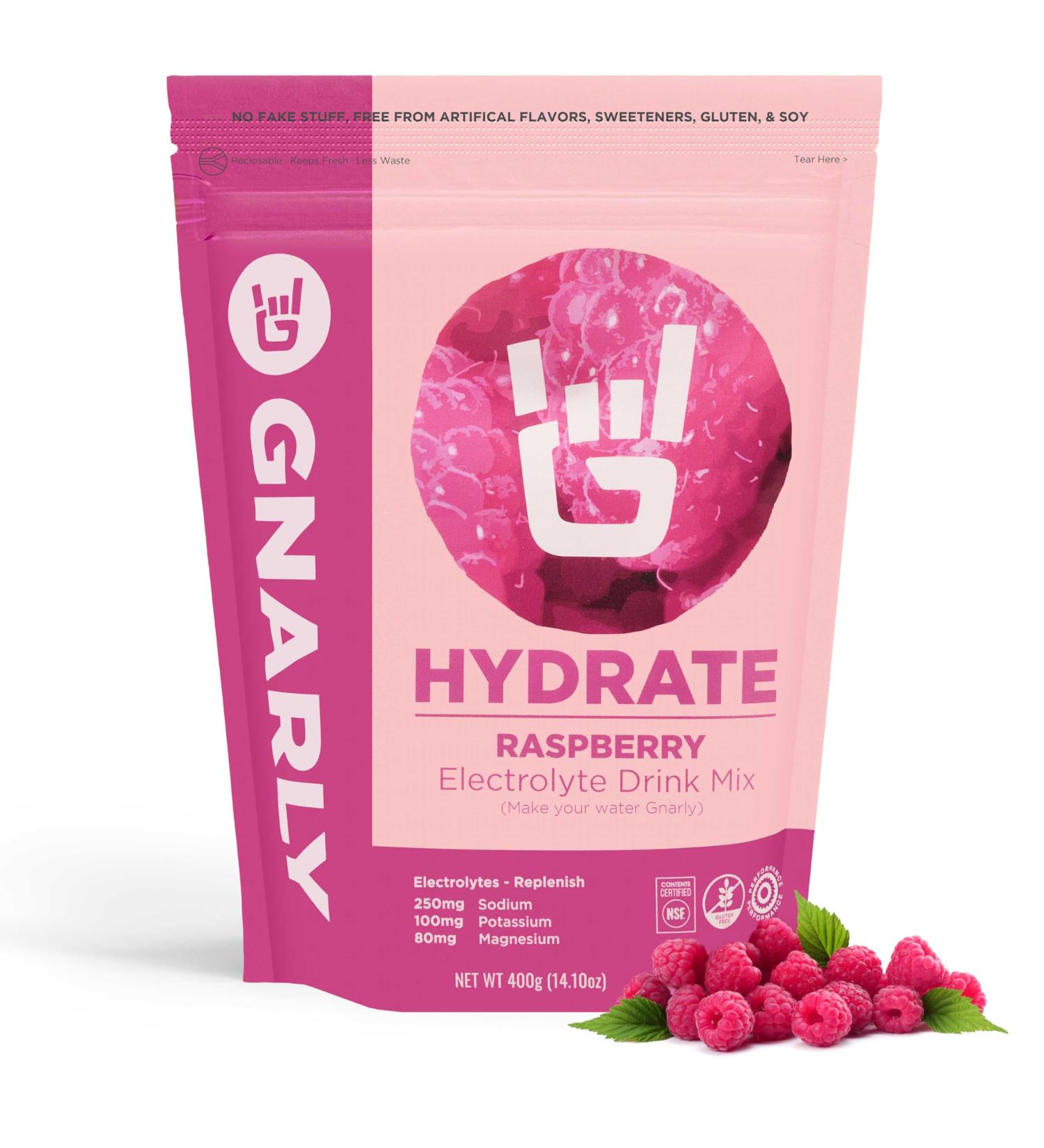 Gnarly Nutrition Hydrate Electrolyte Powder Raspberry Exercise Hydration Drink Mix NSF Contents Certified Electrolyte Solution Performance & Recovery Raspberry 14.10 oz Raspberry Bag (40 Servings) - Buy Online on GoSupps.com